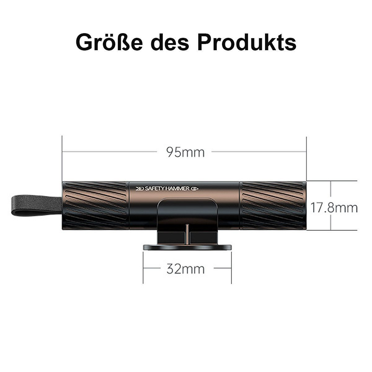 Ein schwarzer Sicherheits-Hammer mit Maßangaben: 95mm Länge, 17,8mm Höhe, 32mm Breite.