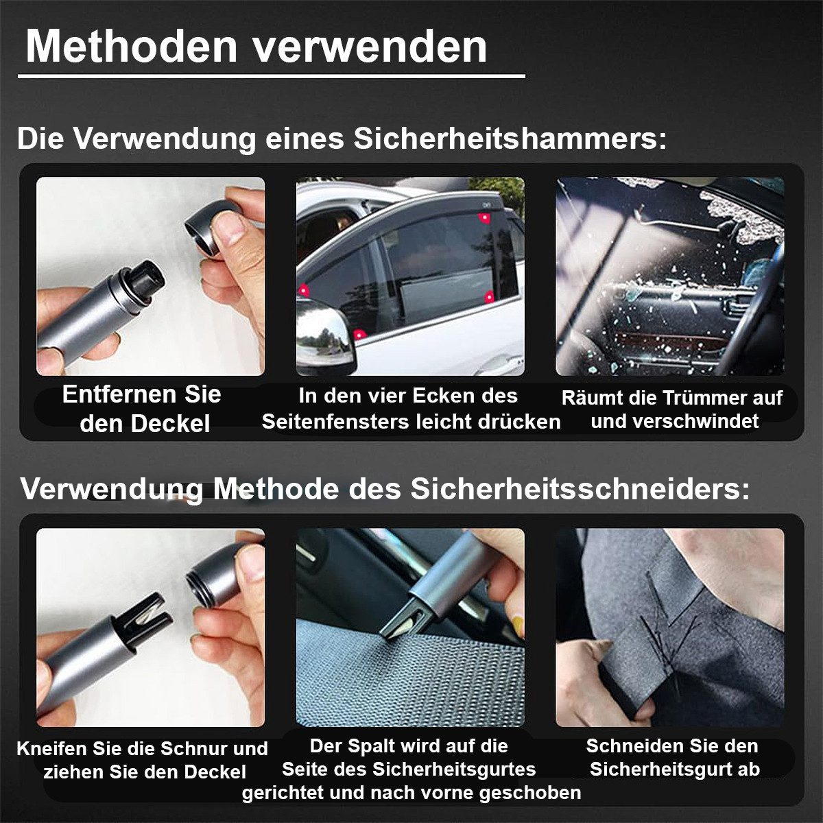 Sicherheitswerkzeuge: Hammer zum Einschlagen und Cutter zum Schneiden.