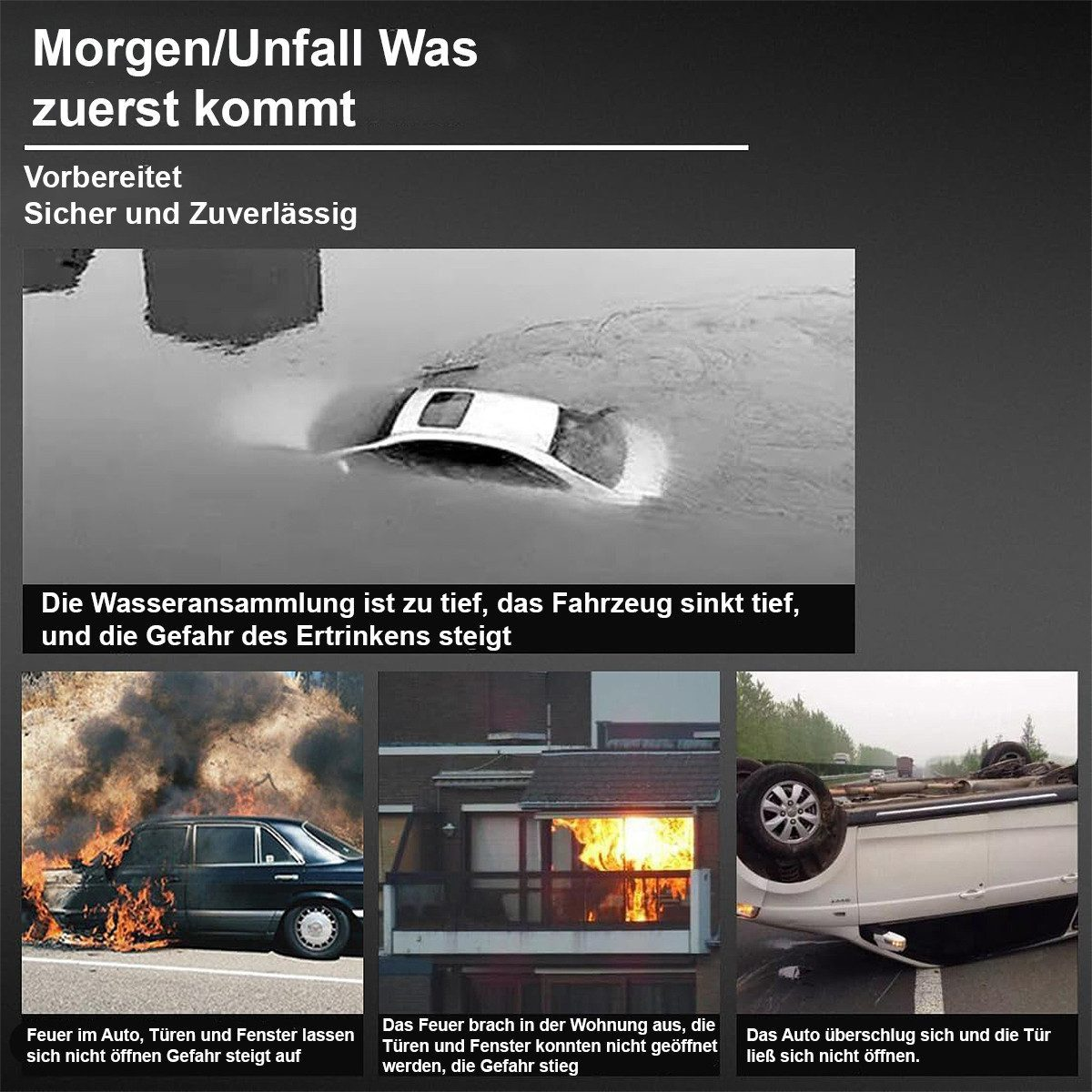 Ein Auto sinkt in tiefes Wasser, ein brennendes Auto, ein Haus brennt, ein Auto überschlägt sich.