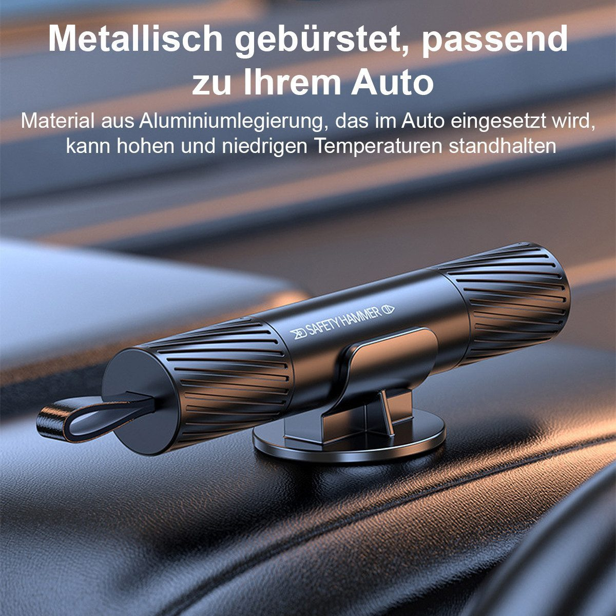 Schwarzer Autosicherheits-Notfallhammer mit Schlaufe auf schwarzem Leder.
