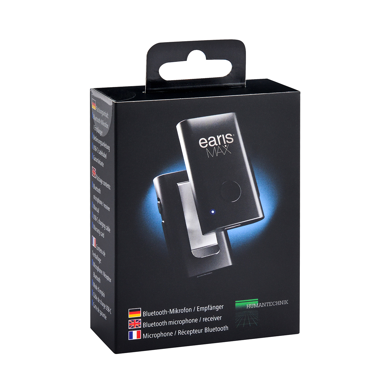 Verpackung eines schwarzen Bluetooth-Mikrofons mit "earis MAX" und "HUMANTECHNIK".