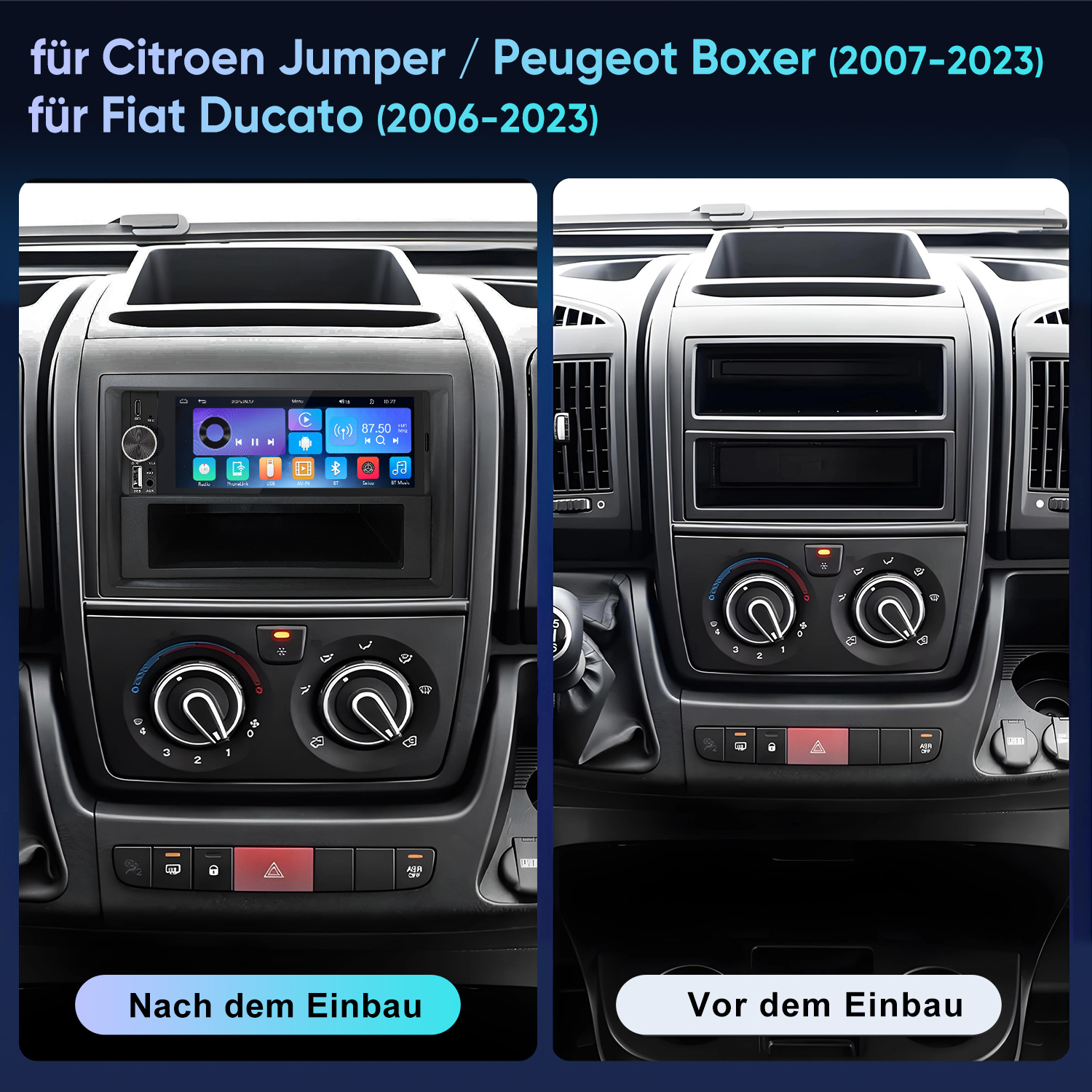 Vorher/Nachher-Vergleich eines Autoradios im Armaturenbrett eines Fahrzeugs.