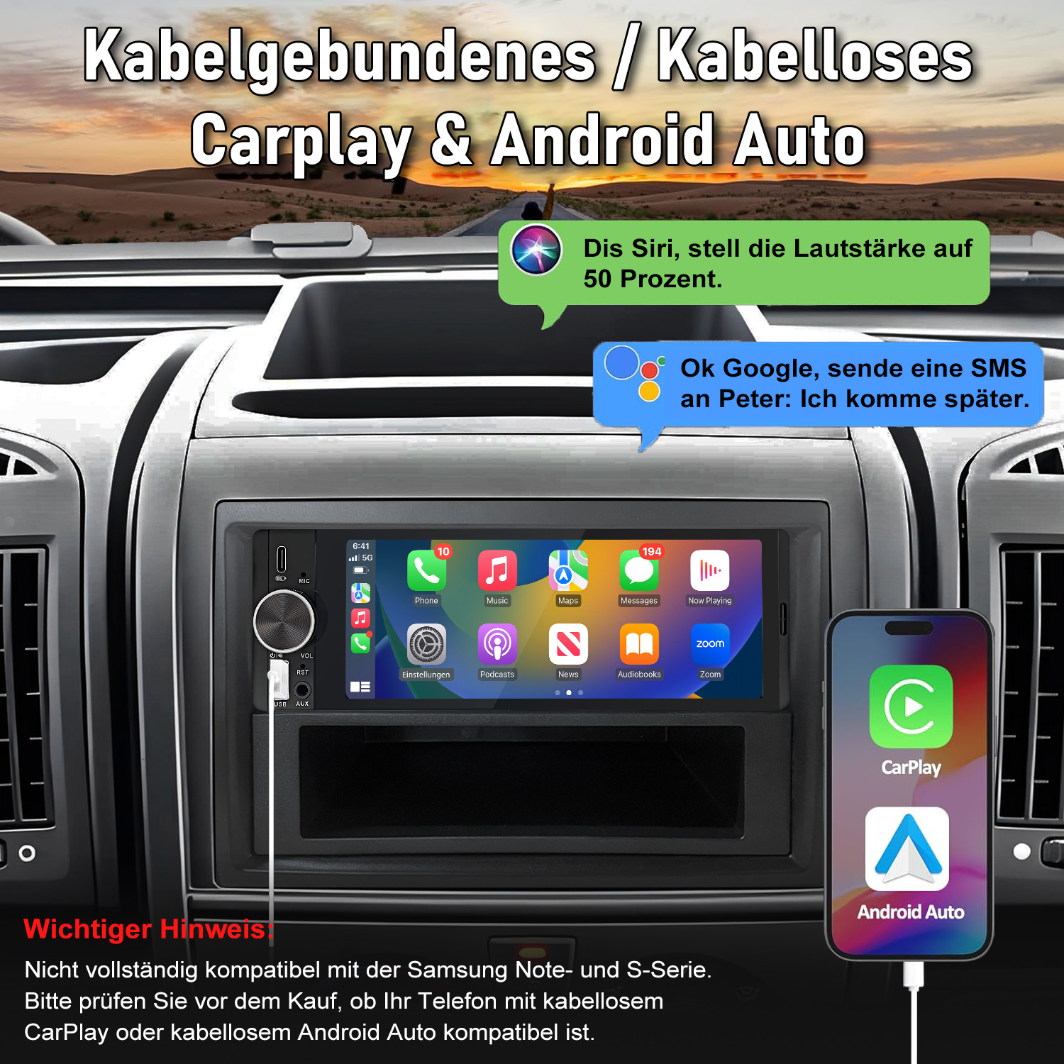 Armaturenbrett mit CarPlay/Android Auto-Anzeige, Sprachbefehlen und einem iPhone.