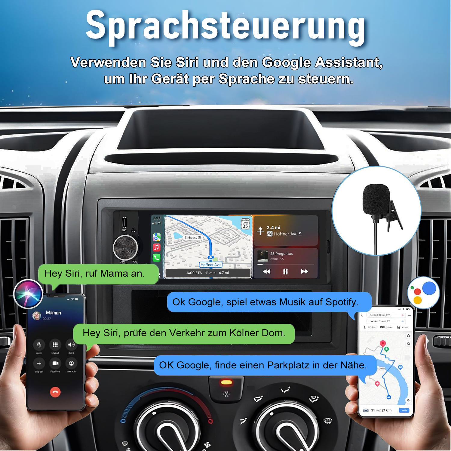 Ein Auto-Infotainmentsystem mit Sprachsteuerung, Mikrofon und Handy-Integration.