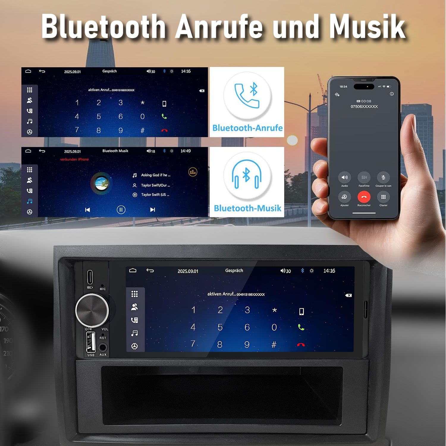 Bluetooth-Anrufe und Musik auf Autodisplays und Smartphone.