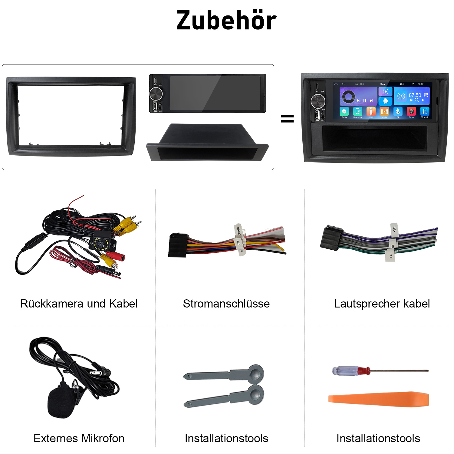 Zubehör für Autoradio mit Einbaurahmen, Kabel, Mikrofon und Werkzeugen.