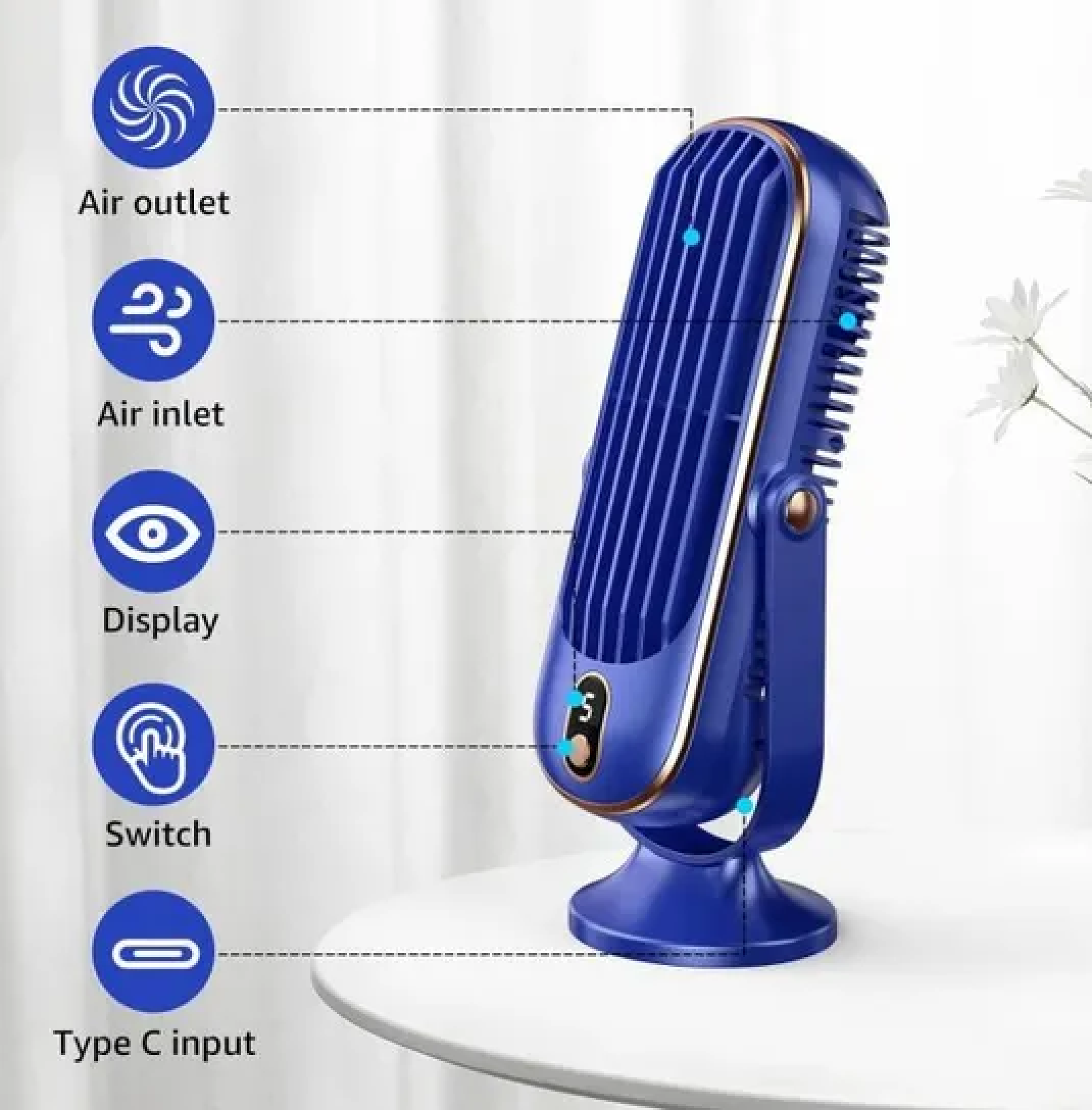 Ein blauer Ventilator mit goldenen Akzenten auf einem Tisch. Merkmale sind markiert.