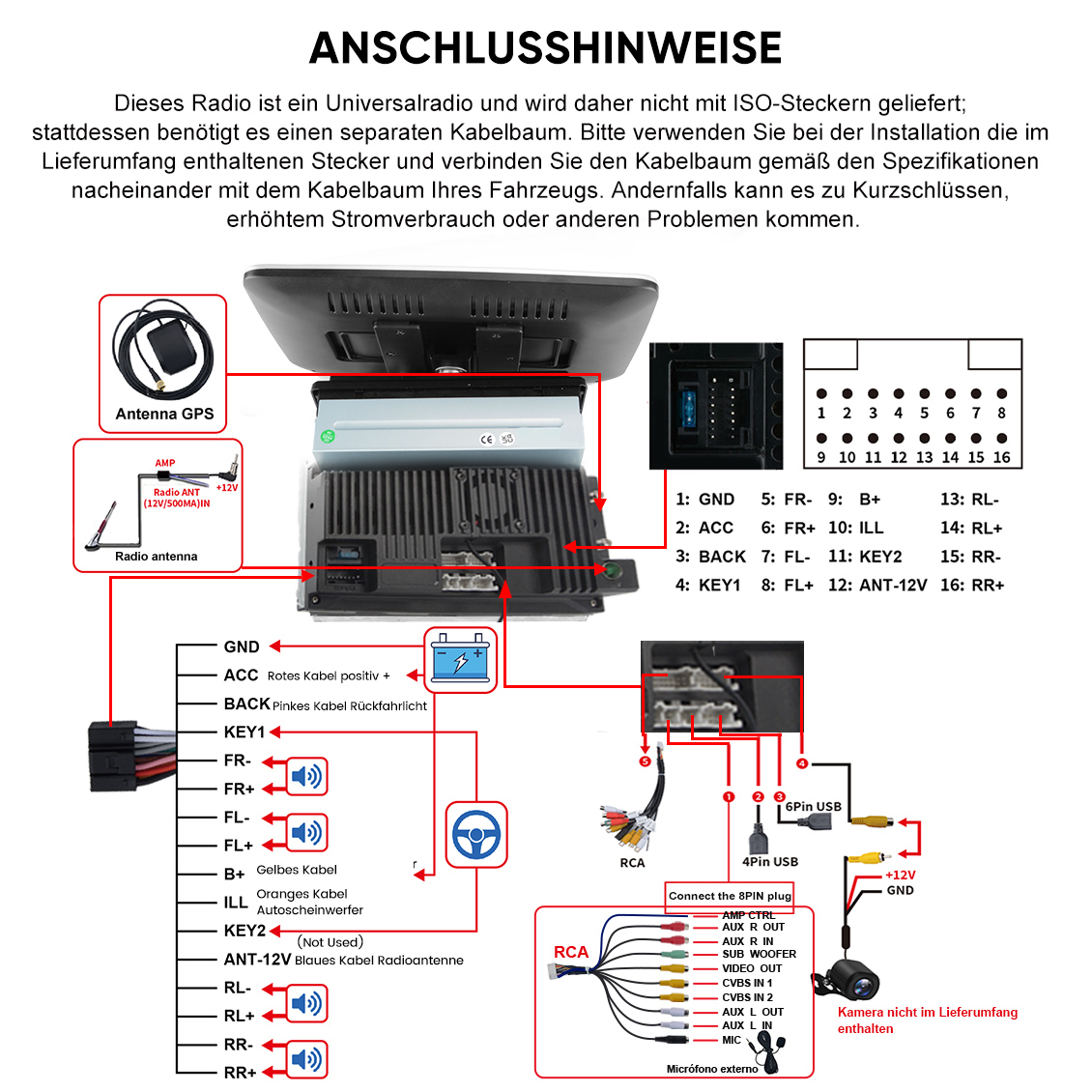 Schaltplan für ein Autoradio mit Kabelanschlüssen, Antennen und RCA-Ausgängen.
