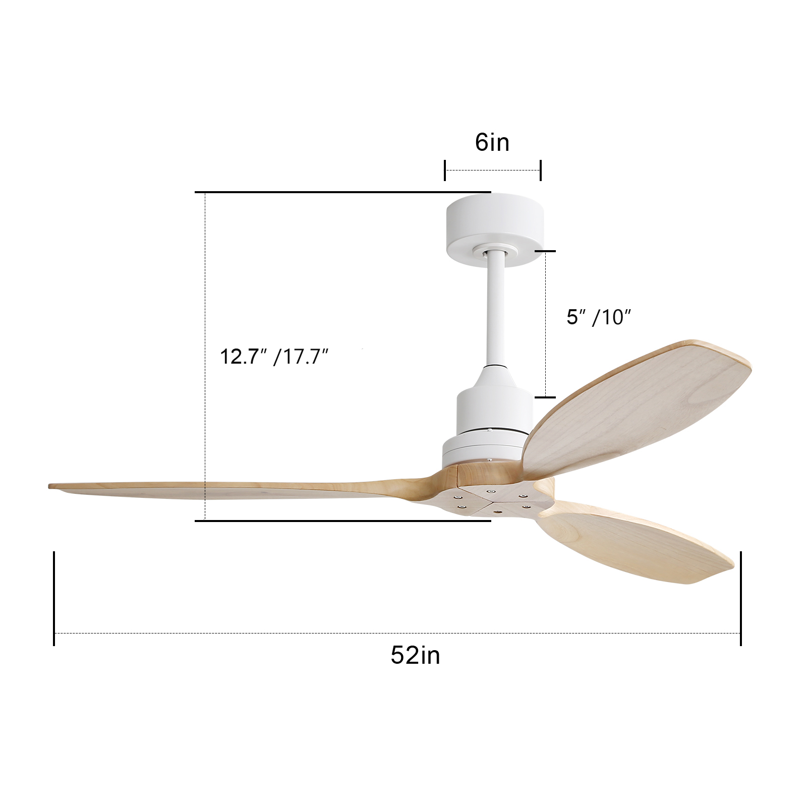 Ein weißer Deckenventilator mit drei Holzflügeln und Maßangaben.