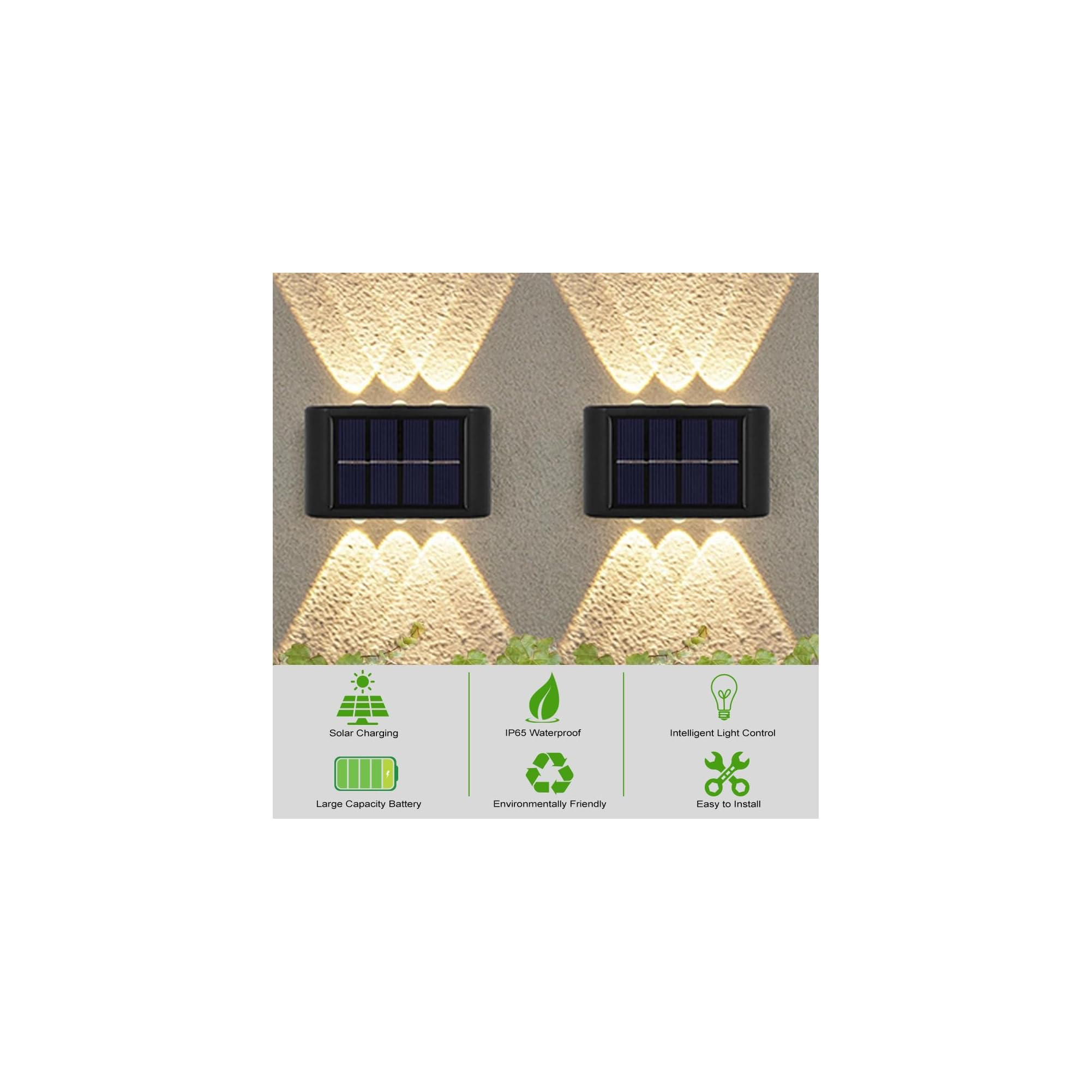 Zwei solarbetriebene Wandleuchten beleuchten eine Wand mit warmem Licht.