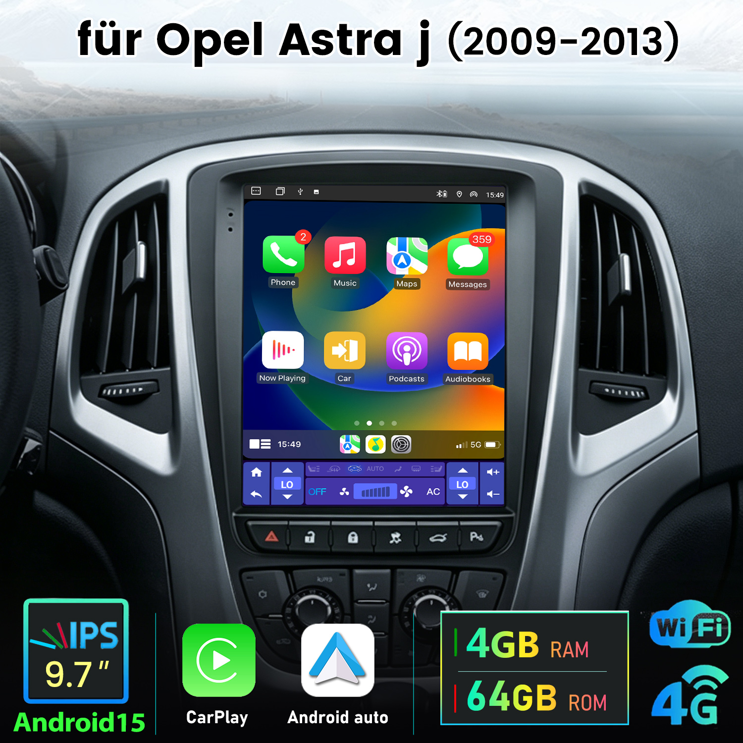 Infotainment-Bildschirm für Opel Astra J mit Apps, Navigation und Auto-Specs.