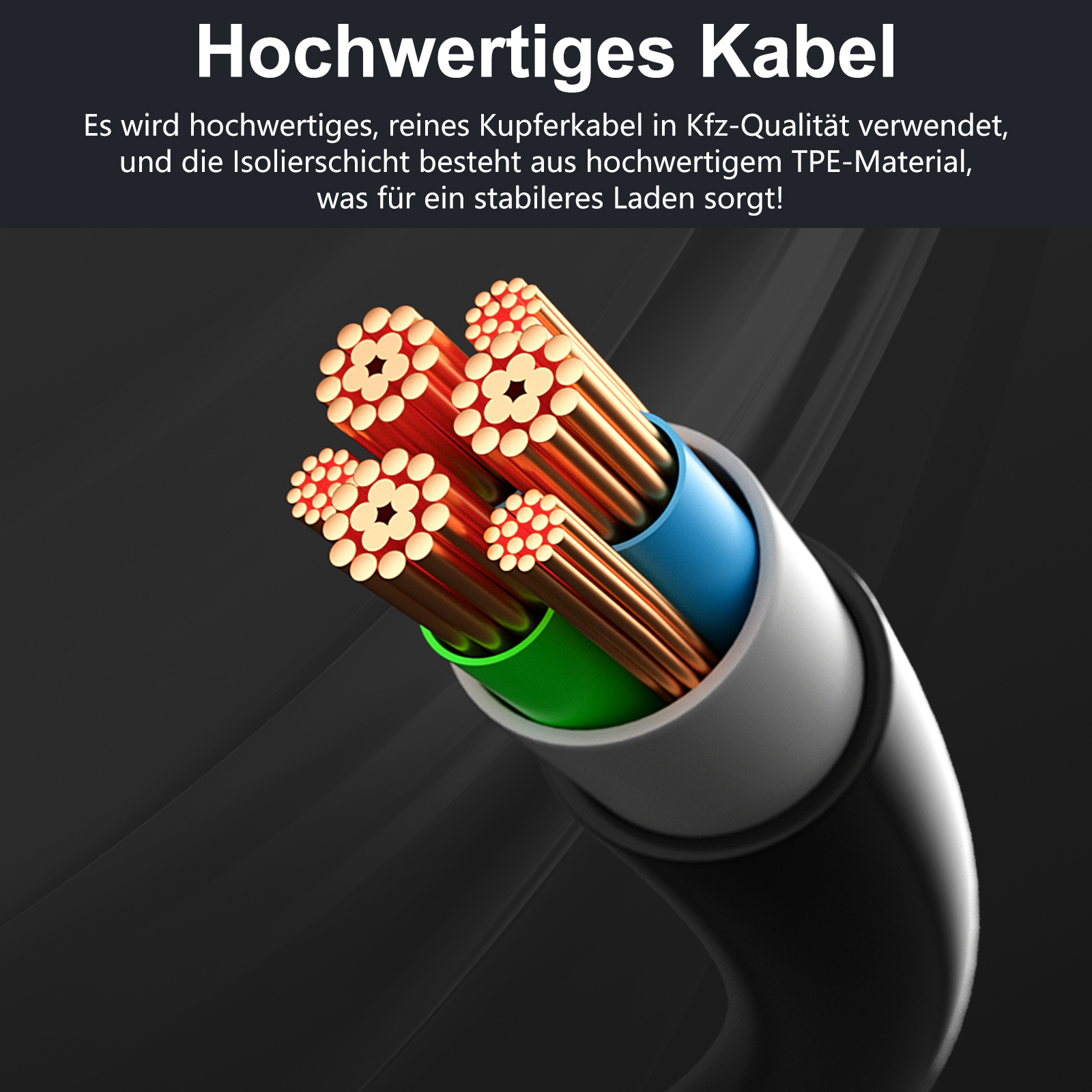 Hochwertiges Kabel mit mehreren Kupferleitern, blau und grün isoliert, auf schwarzem Hintergrund.