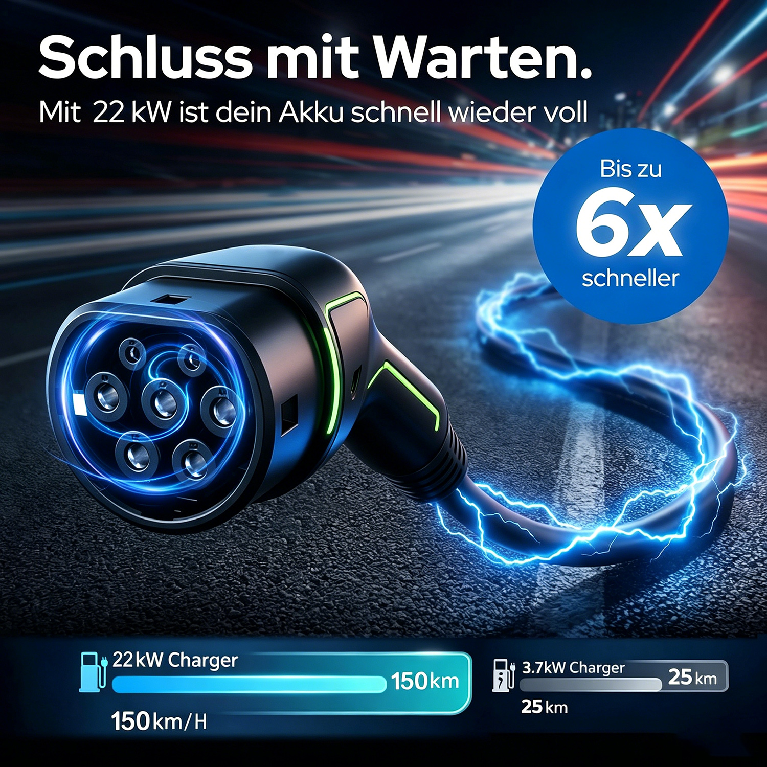 Ein E-Auto-Ladeanschluss mit blauem Licht und Blitzen, Text über schnelles Laden.