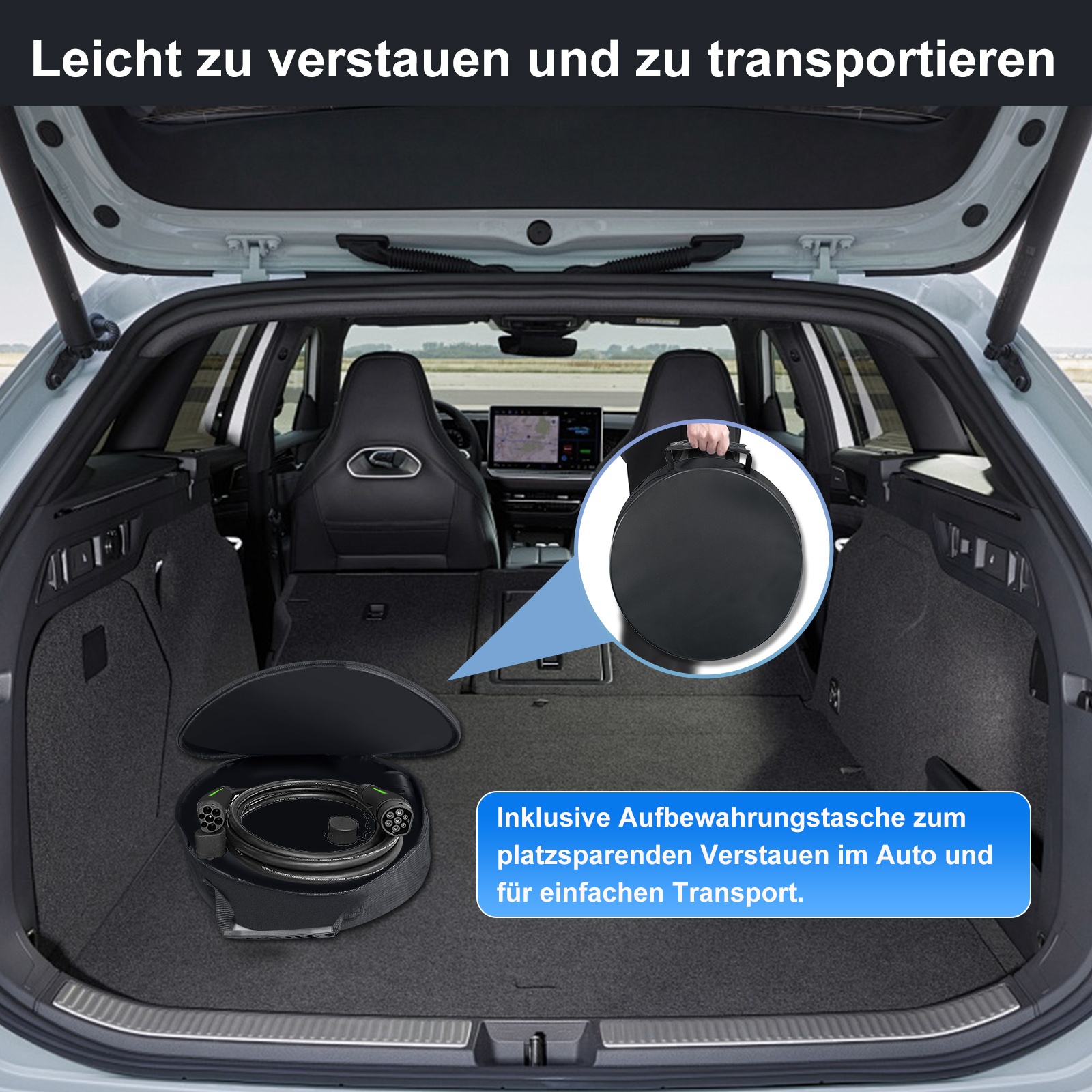 Ladekabeltasche in einem Auto-Kofferraum. Leicht zu verstauen und zu transportieren.