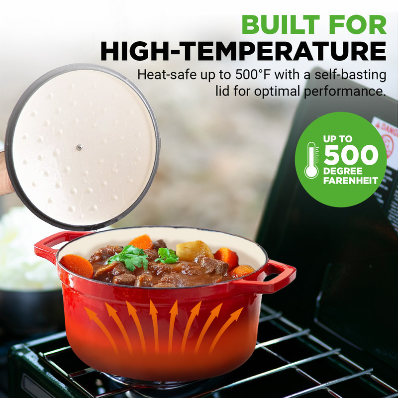 Roter Topf mit Eintopf auf einem Herd, Deckel wird angehoben. Für bis zu 500°F.