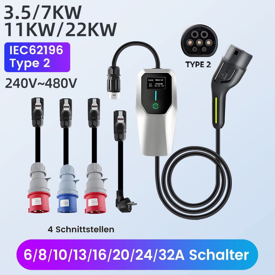 Ladegerät für Elektroautos: Typ 2, 240-480V, mit Adaptern.