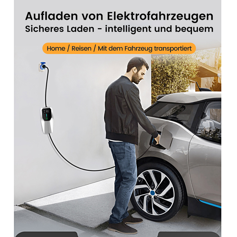 Mann lädt ein graues Elektroauto an einer Wandladestation, Text über das Aufladen von Elektrofahrzeugen.