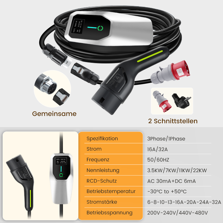 Ein Ladekabel mit weißem und schwarzem Stecker, Spezifikationen daneben.