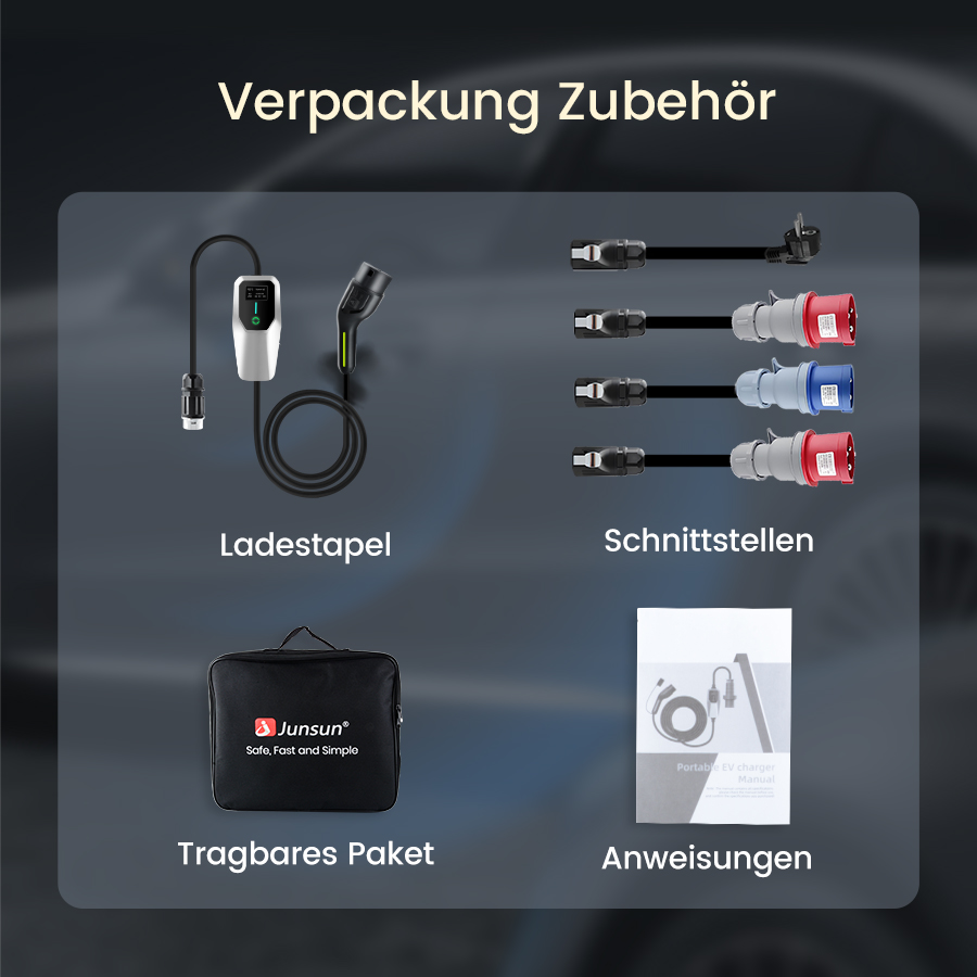 Verpackung Zubehör: Ladestapel, Schnittstellen, Tragbares Paket, Anweisungen.