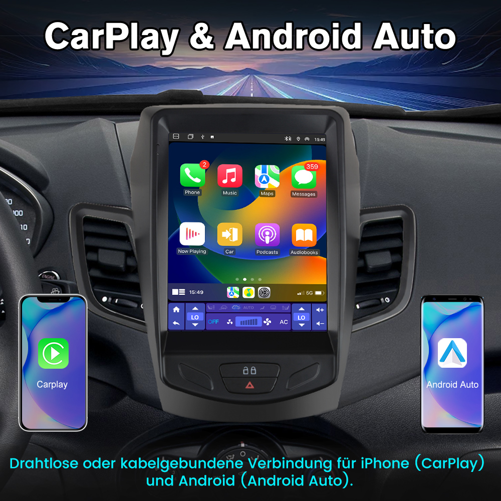 Ein Autoradio mit CarPlay- und Android Auto-Schnittstelle, zeigt Smartphone-Apps.