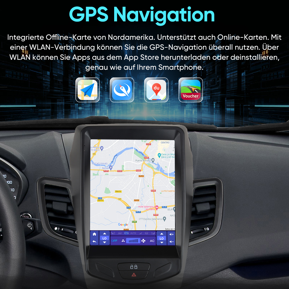 Armaturenbrett im Auto zeigt GPS-Navigationskarte auf dem Bildschirm, mit App-Symbolen darüber.