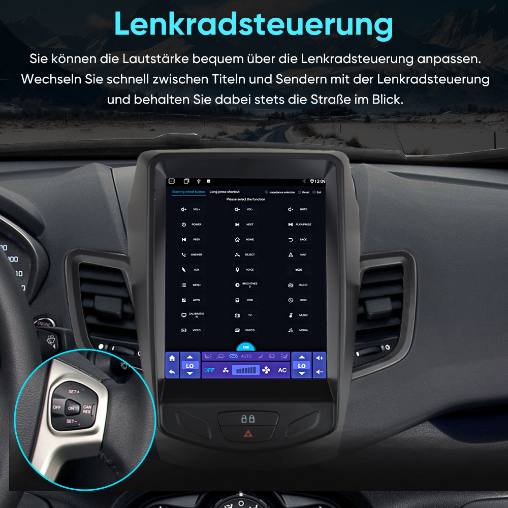 Ein Auto-Innenraum mit einem Touchscreen, der Lenkradsteuerungsoptionen anzeigt.