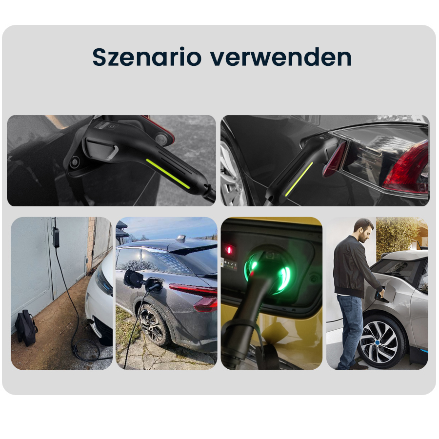 Mehrere Szenen von Elektroautos, die aufgeladen werden.