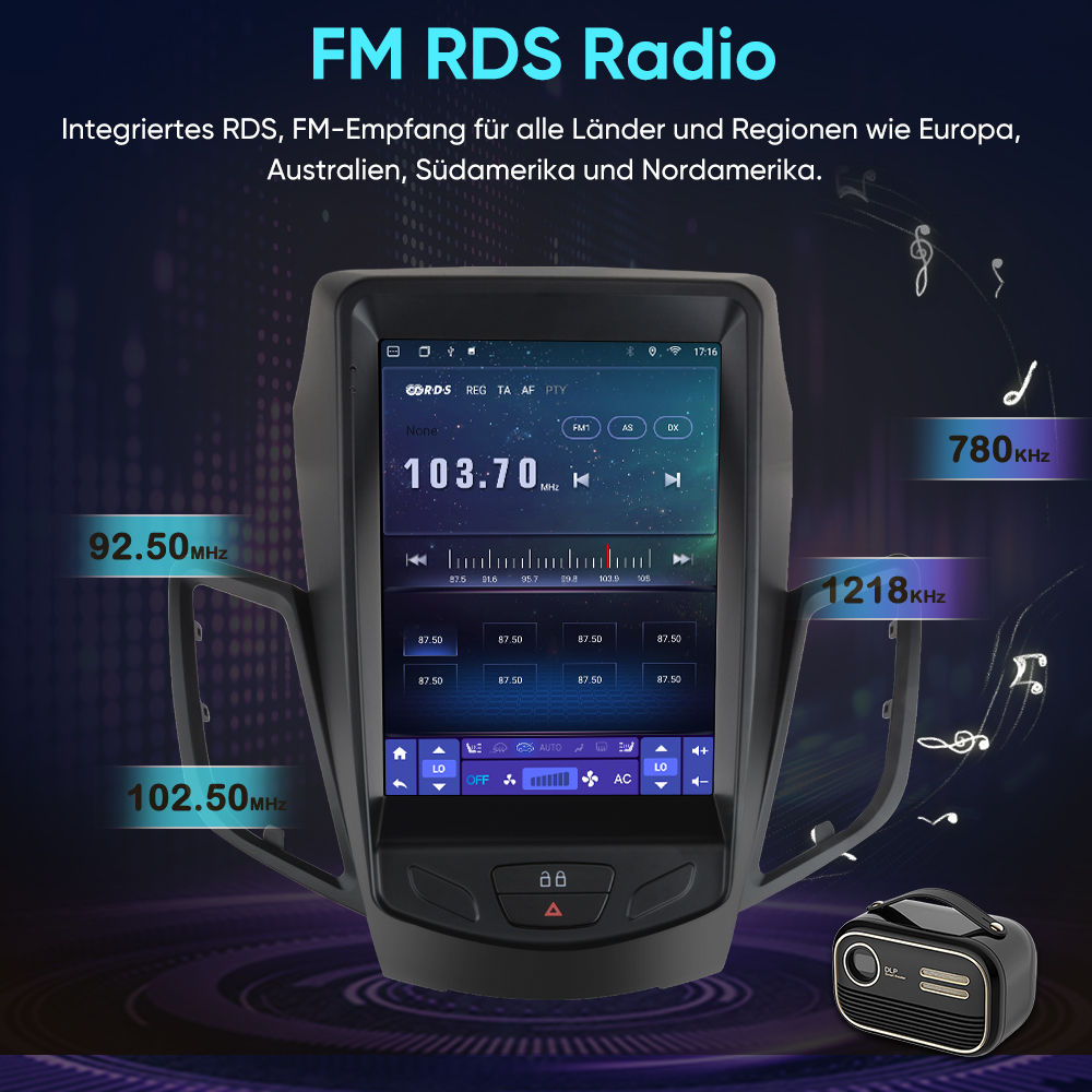 Ein FM RDS Radio mit Touchscreen zeigt 103.70 MHz. Daneben ein kleineres Radio.
