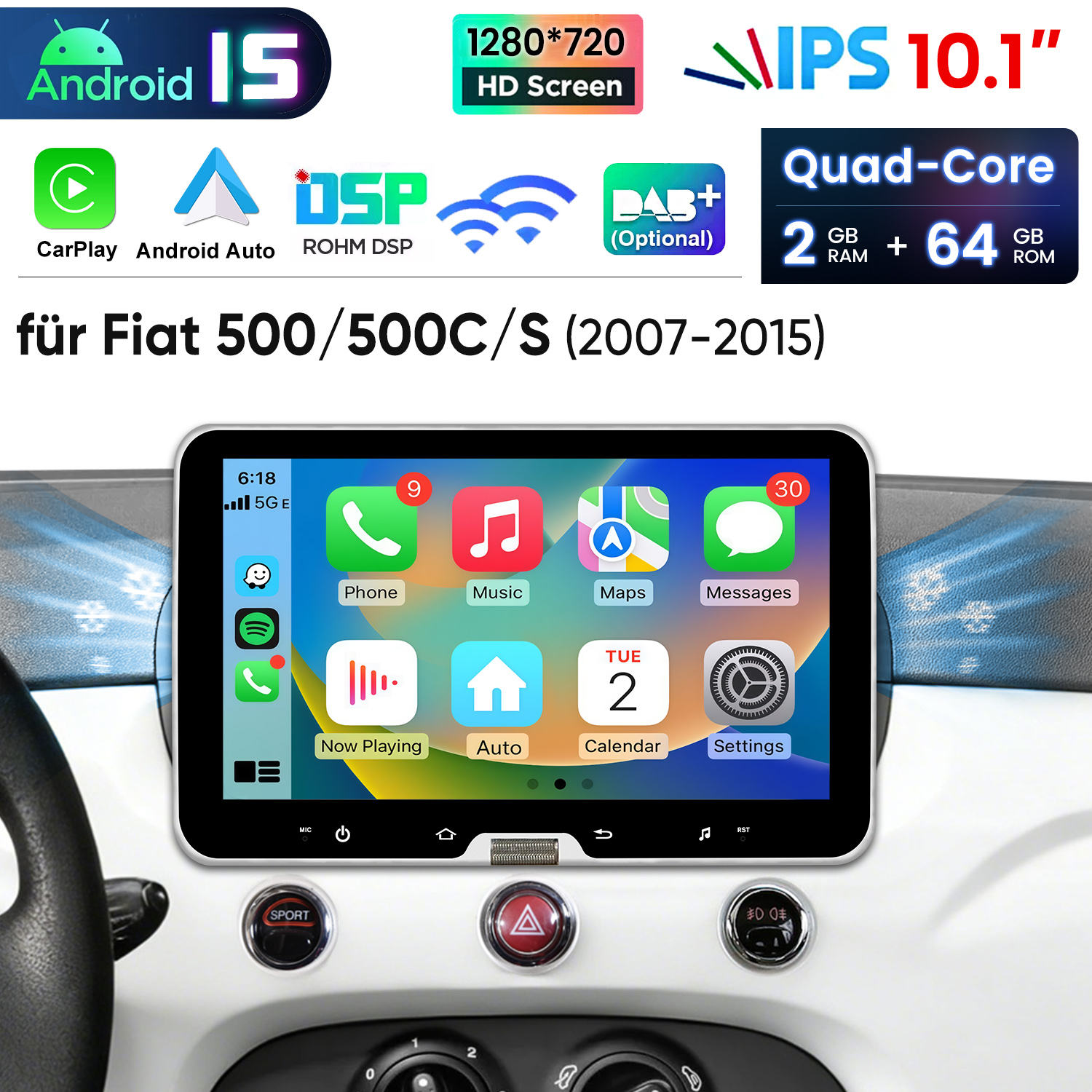 Ein Autoradio-Bildschirm mit Android 15, Quad-Core, 2GB RAM, 64GB ROM.
