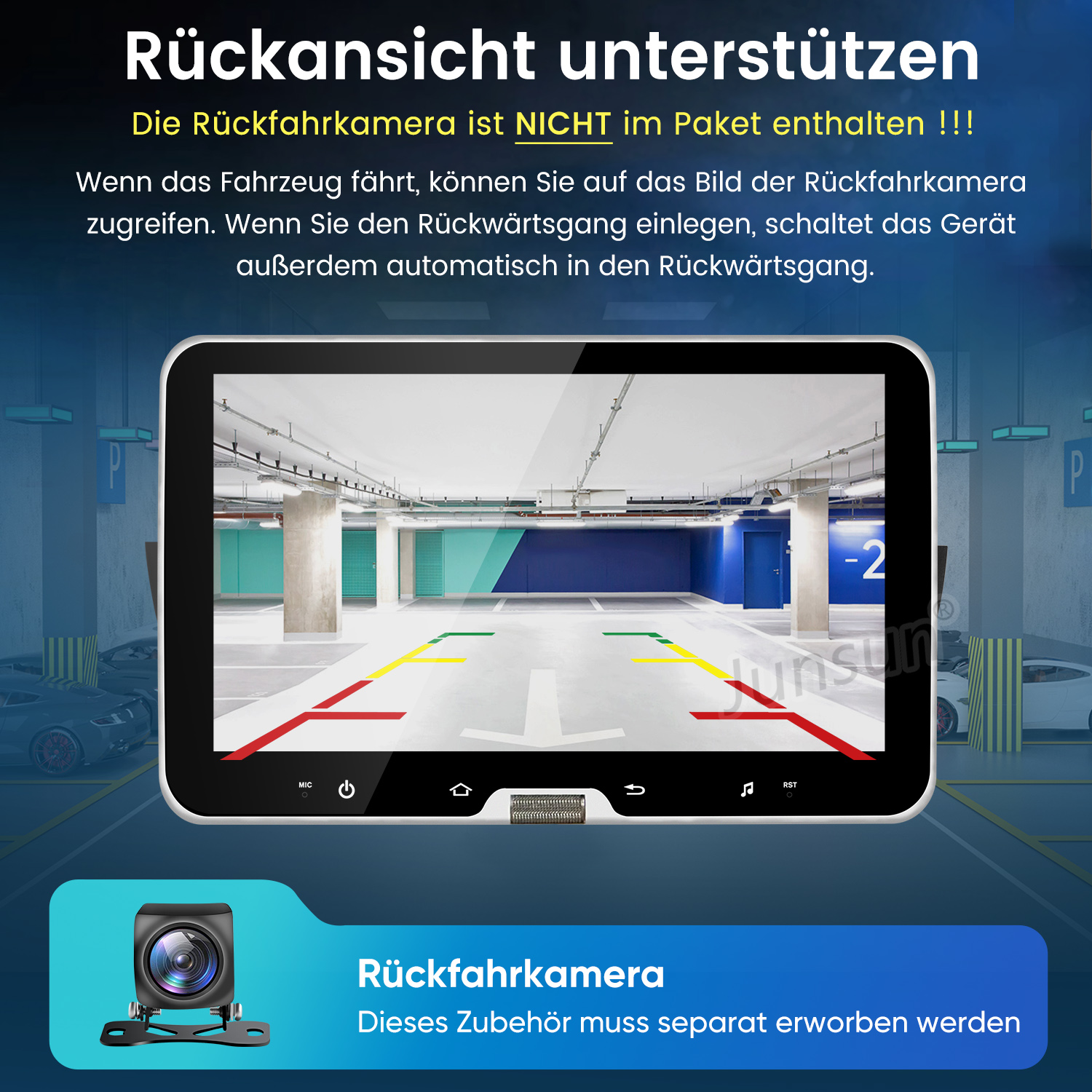 Ein Auto-Display zeigt eine Rückfahrkameraansicht eines Parkhauses. Ein kleiner Kamerabild wird unten gezeigt.