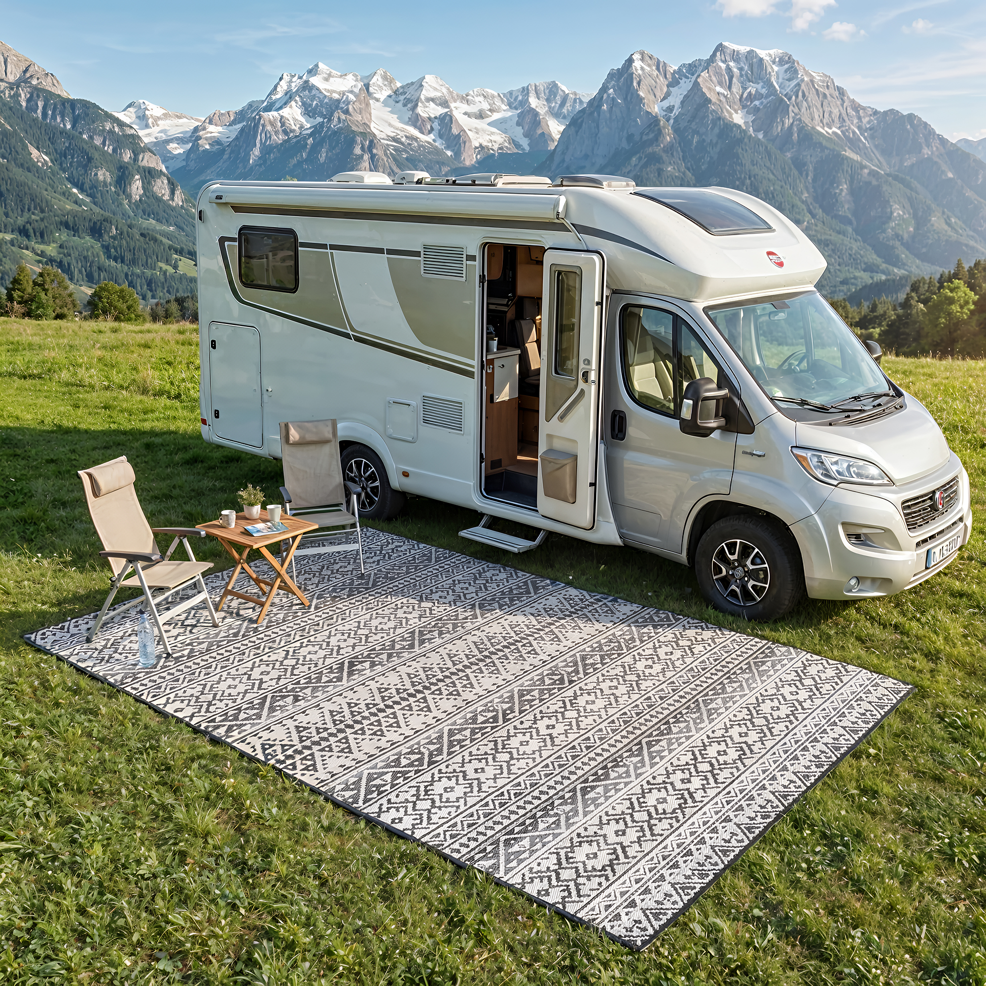Ein Wohnmobil steht auf einer grünen Wiese mit Bergen im Hintergrund. Sitzmöbel davor.