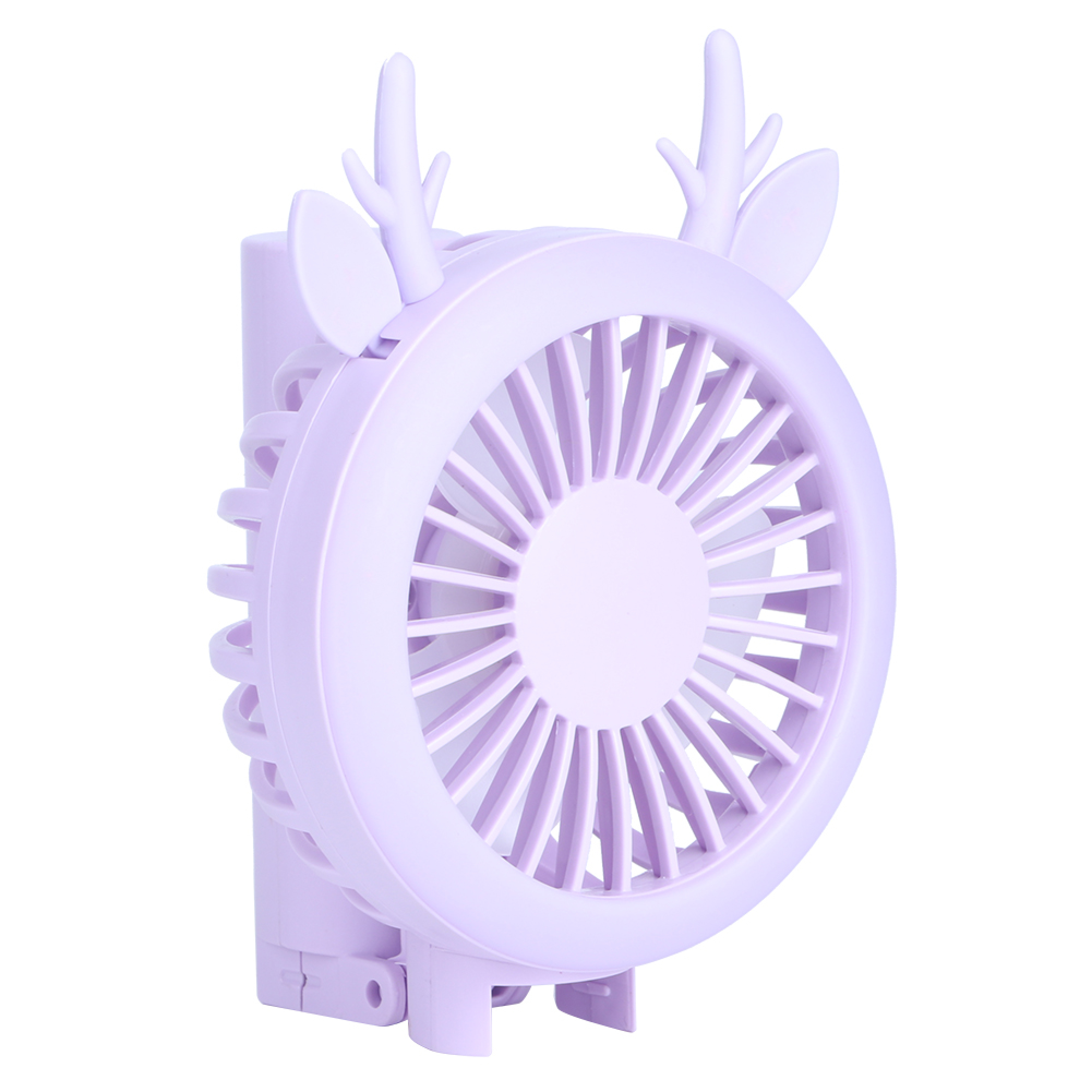 Ein lavendelfarbener Ventilator mit Rentier-Ohren und -Geweih.