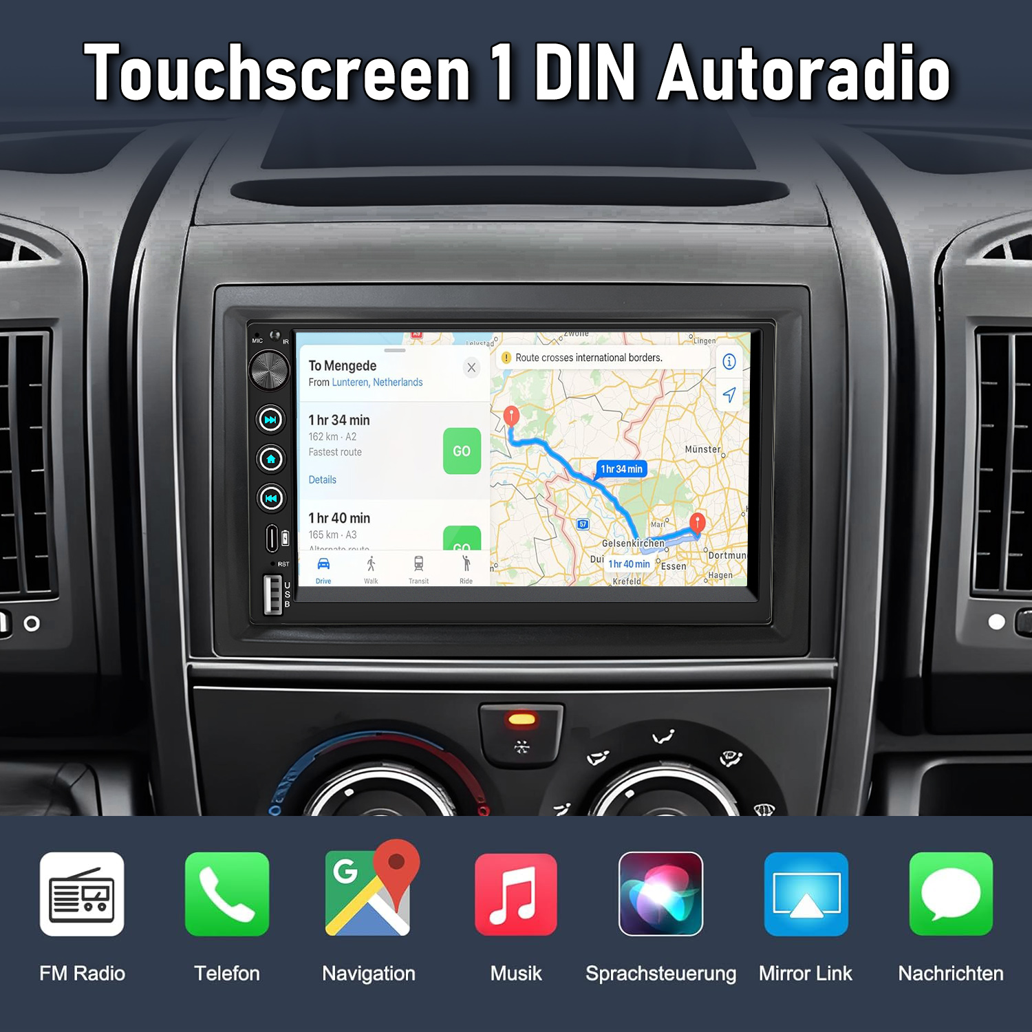 Ein 1-DIN-Autoradio mit Touchscreen zeigt eine Navigations-App mit einer Route von Lunteren nach Mengede.