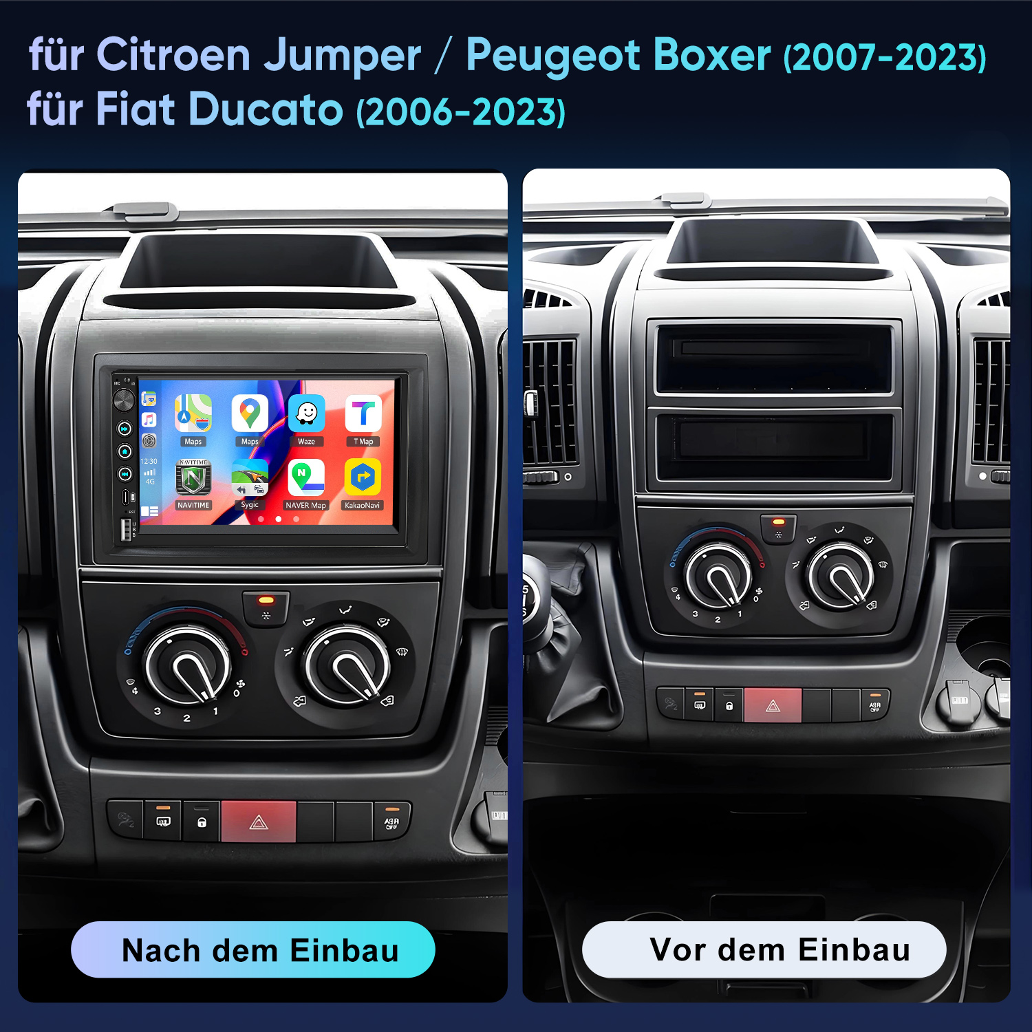 Vergleich eines Autoradios vor und nach dem Einbau in ein Fahrzeug-Armaturenbrett.