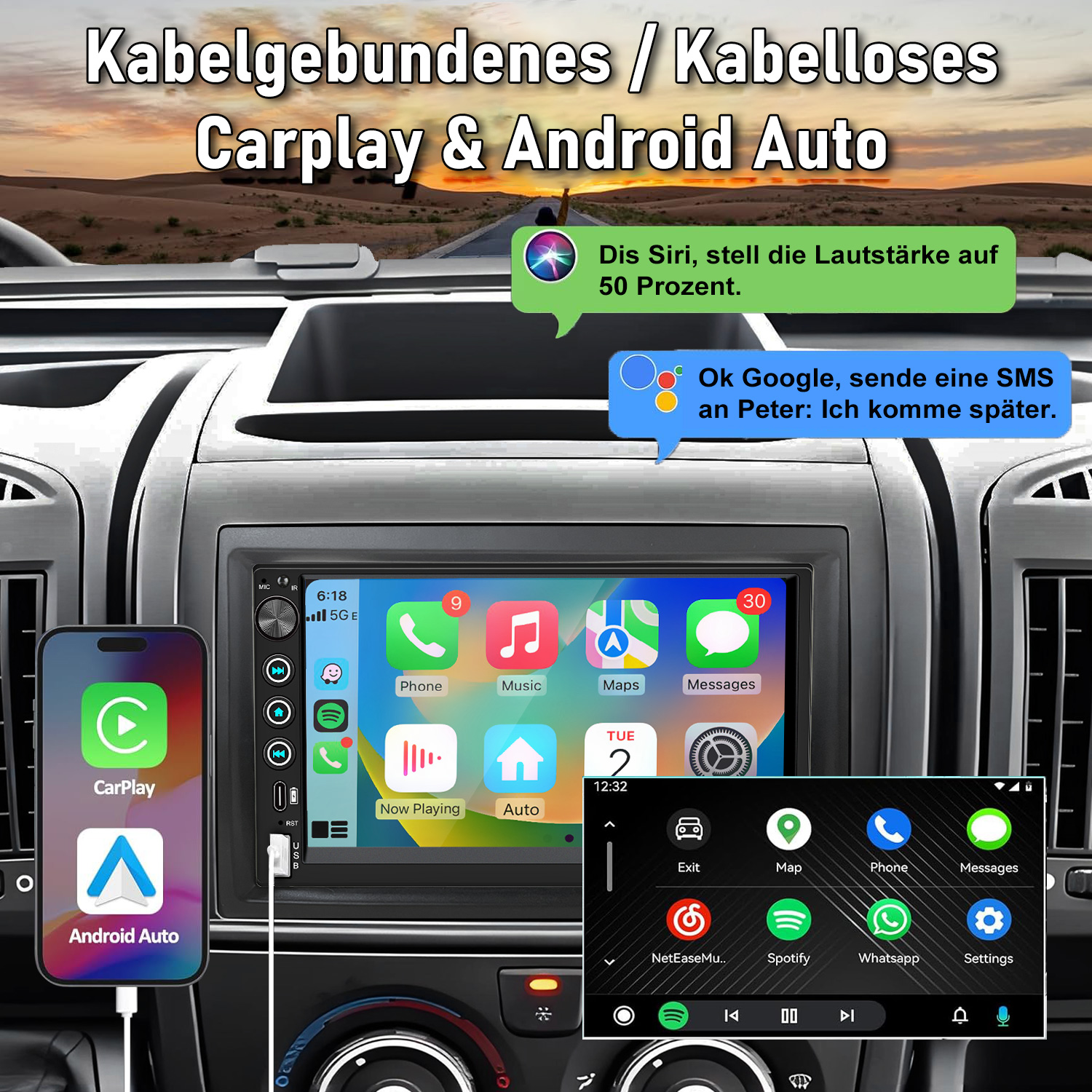 Ein Smartphone verbindet sich mit einem Autoradio, das CarPlay und Android Auto anzeigt.