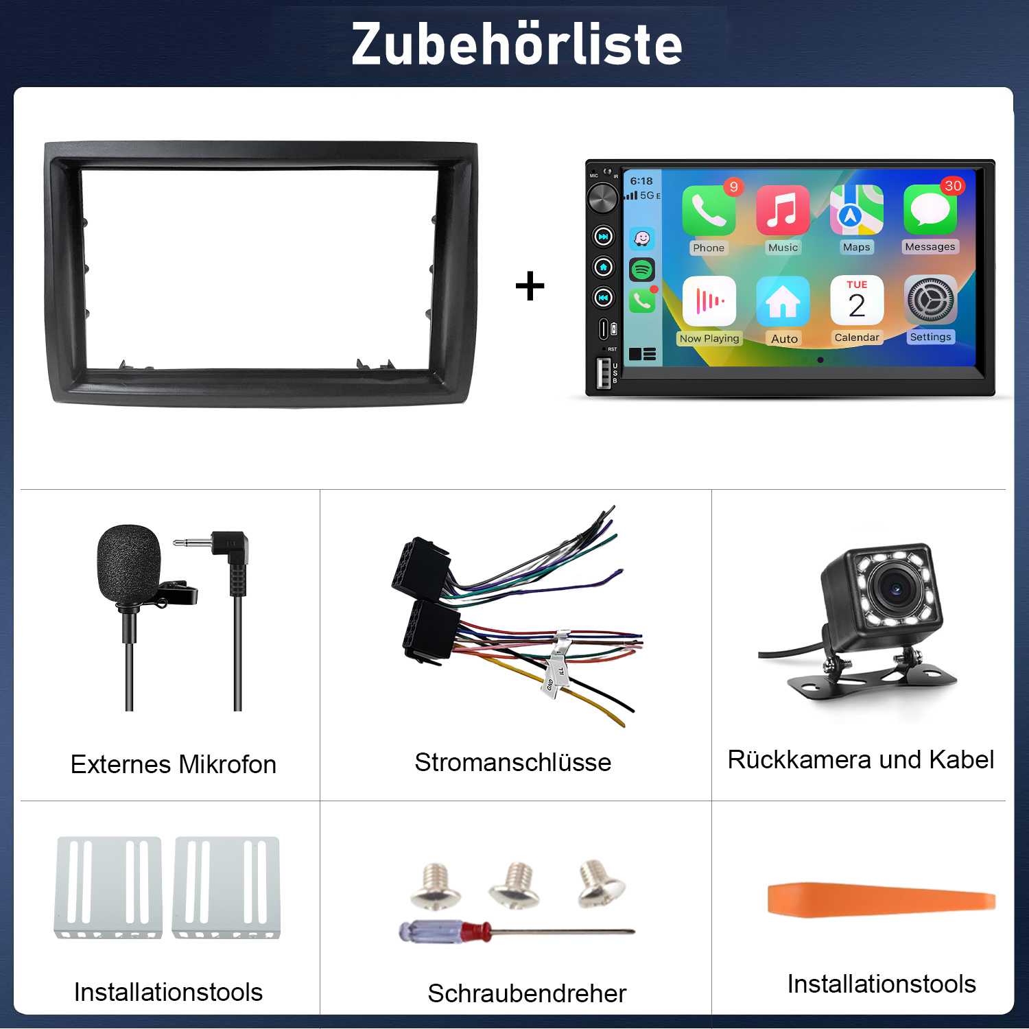 Autoradio-Zubehör: Einbaurahmen, Stereoanlage mit Apps, Mikrofon, Kabel, Kamera, Werkzeug, Schrauben.