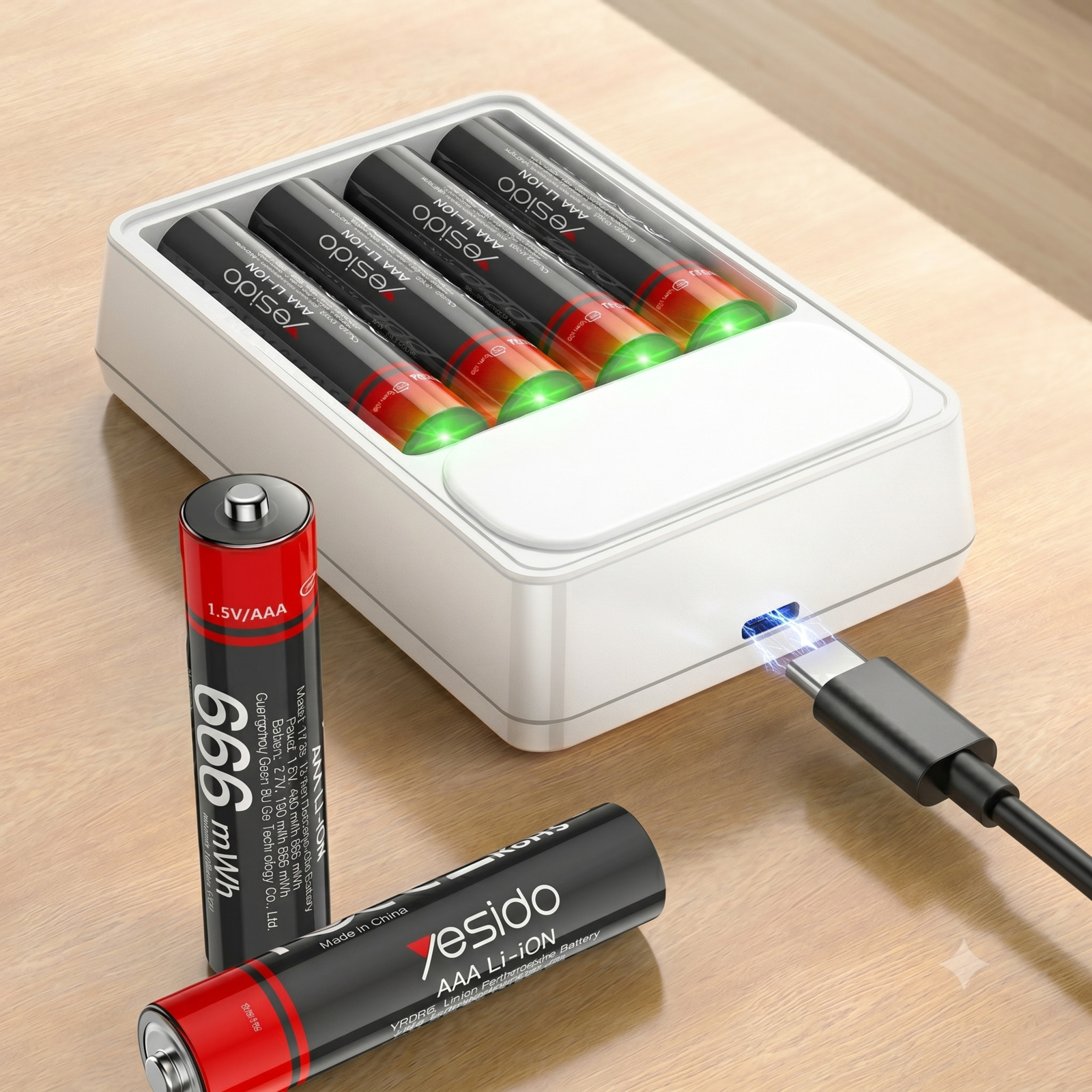 Un cargador blanco con cuatro baterías AAA; una batería está conectada a un cable USB-C.