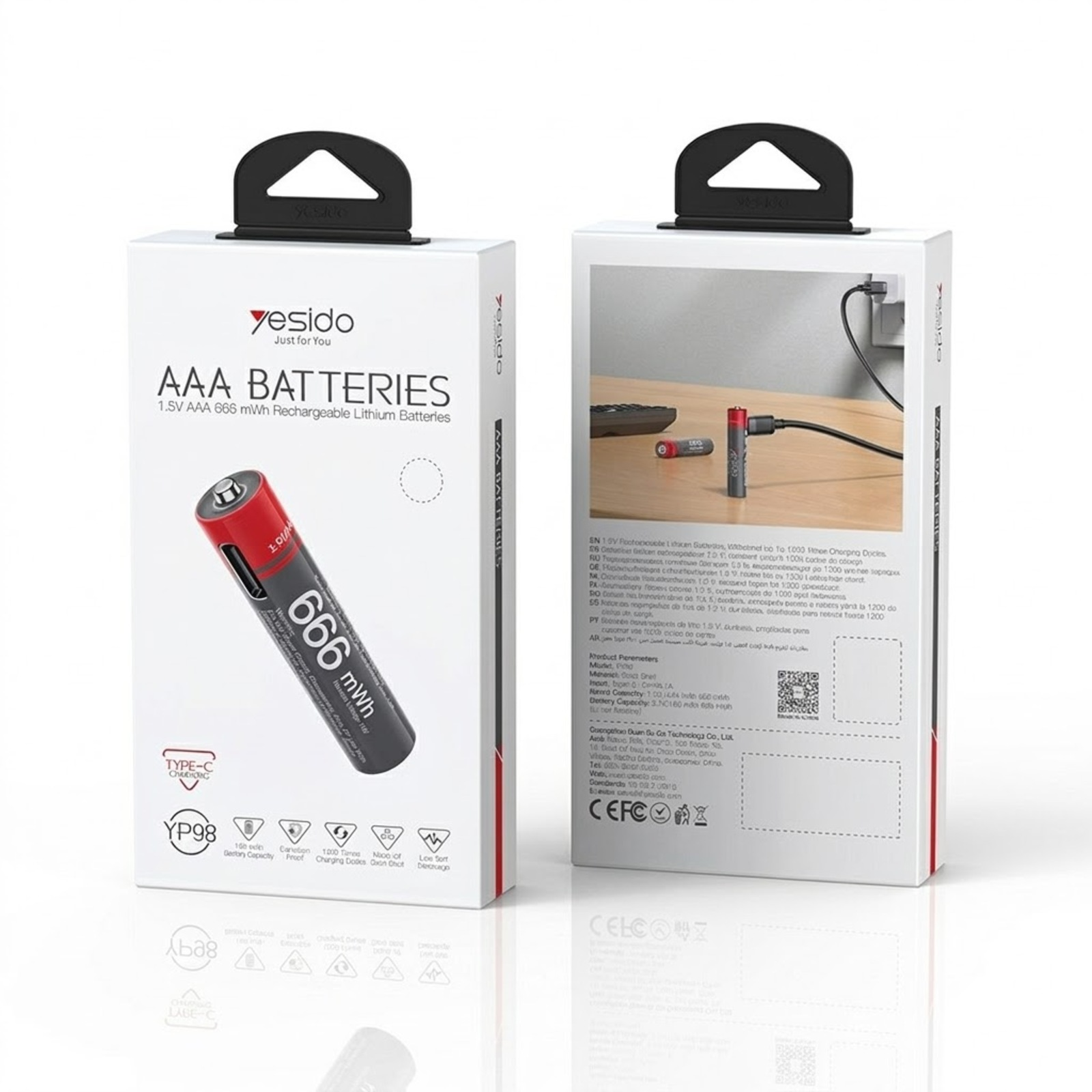 Embalaje para baterías AAA con batería de litio recargable y carga tipo C.