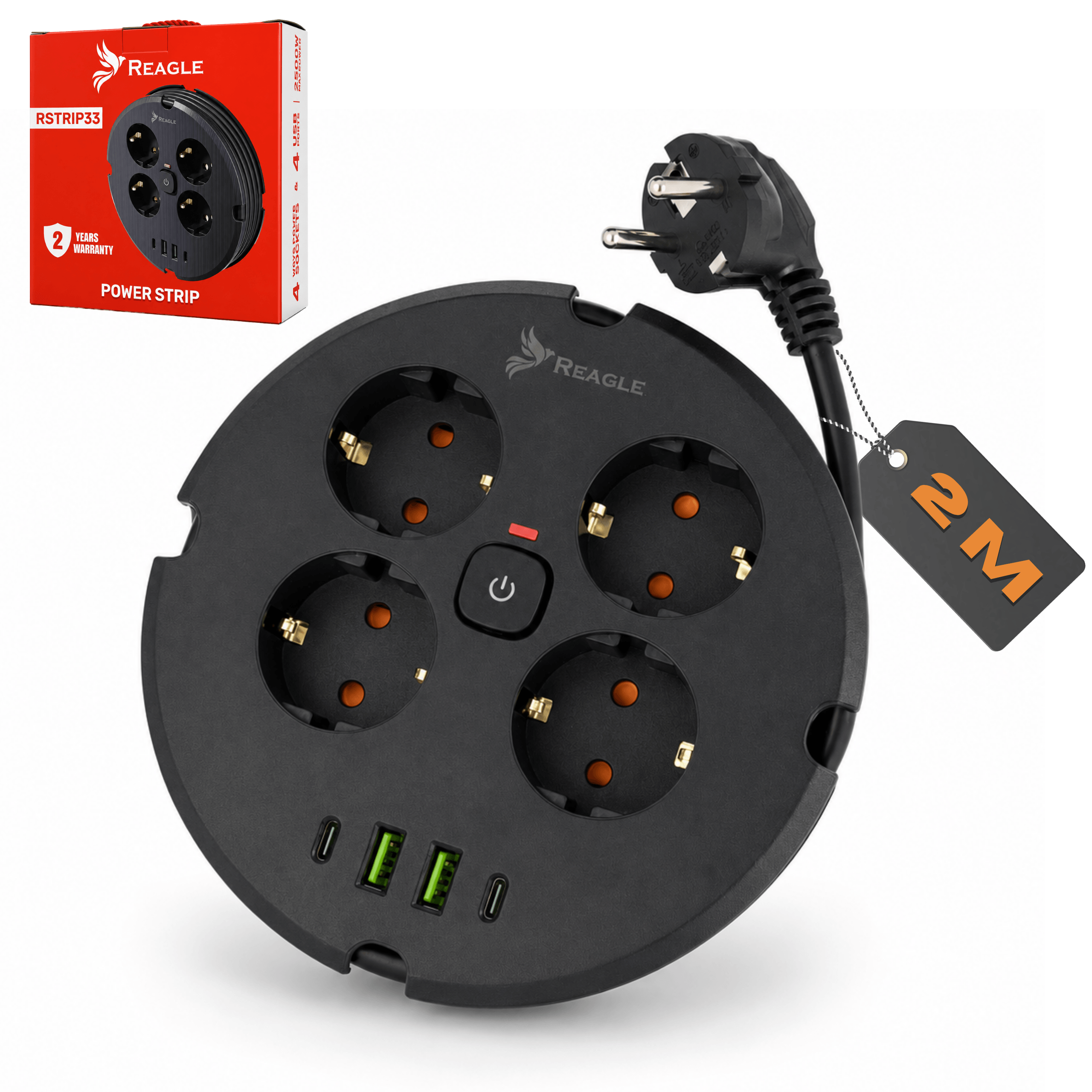 Regleta negra con 4 enchufes, 3 puertos USB y un enchufe de alimentación.