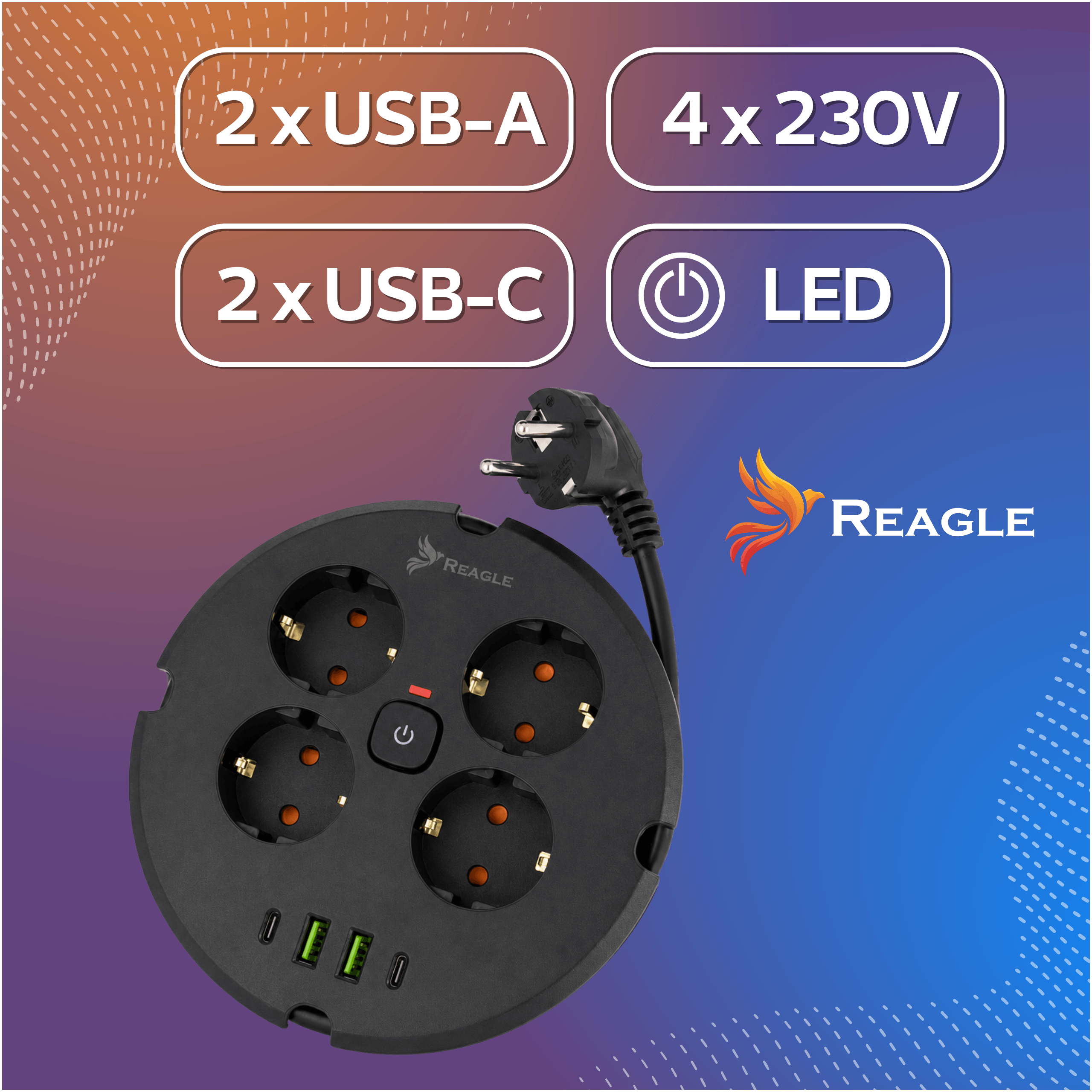 Enrollador de cable negro con 4 enchufes, 2x USB-A, 2x USB-C, LED y enchufe.