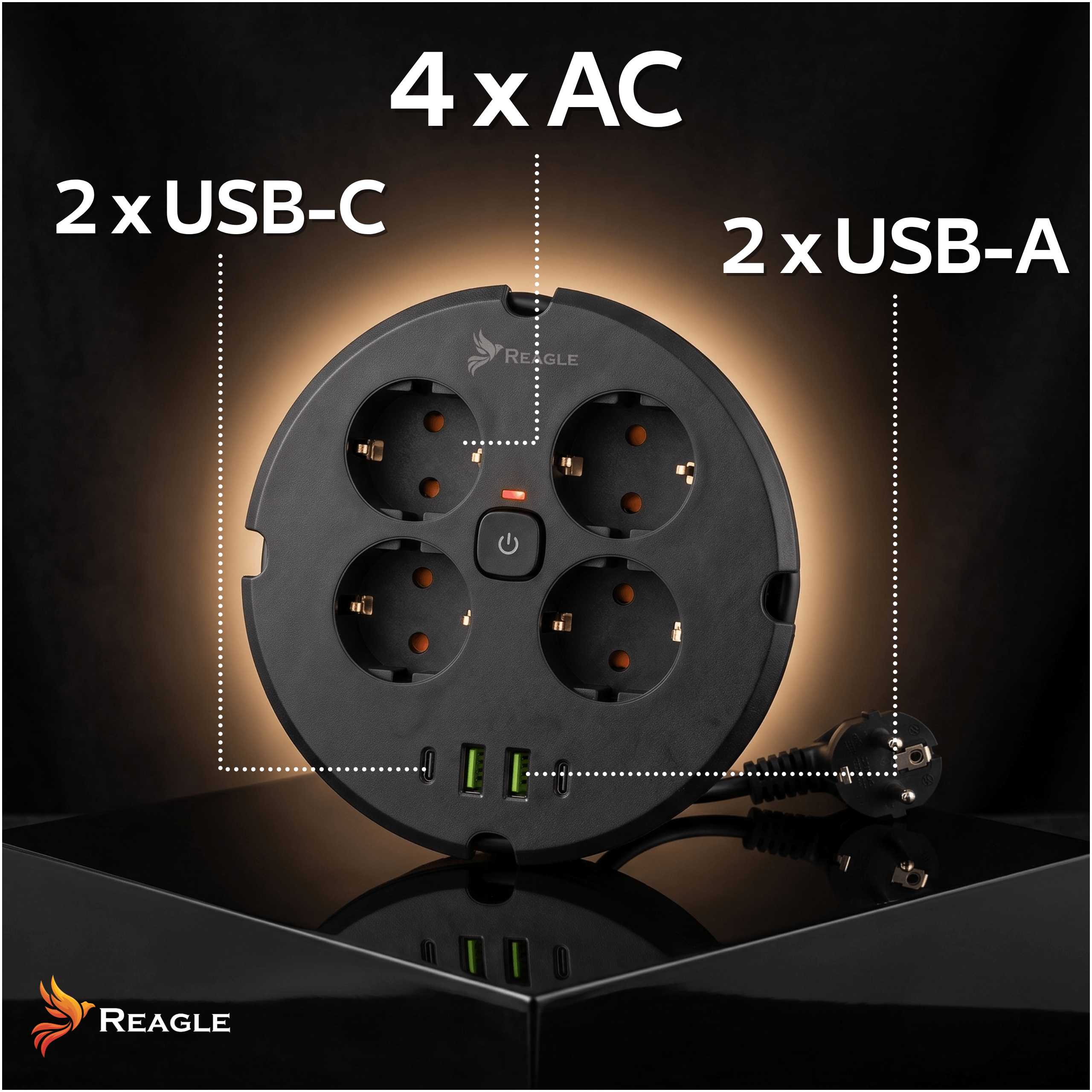 Regleta redonda negra con 4 puertos AC, 2 USB-C y 2 USB-A.
