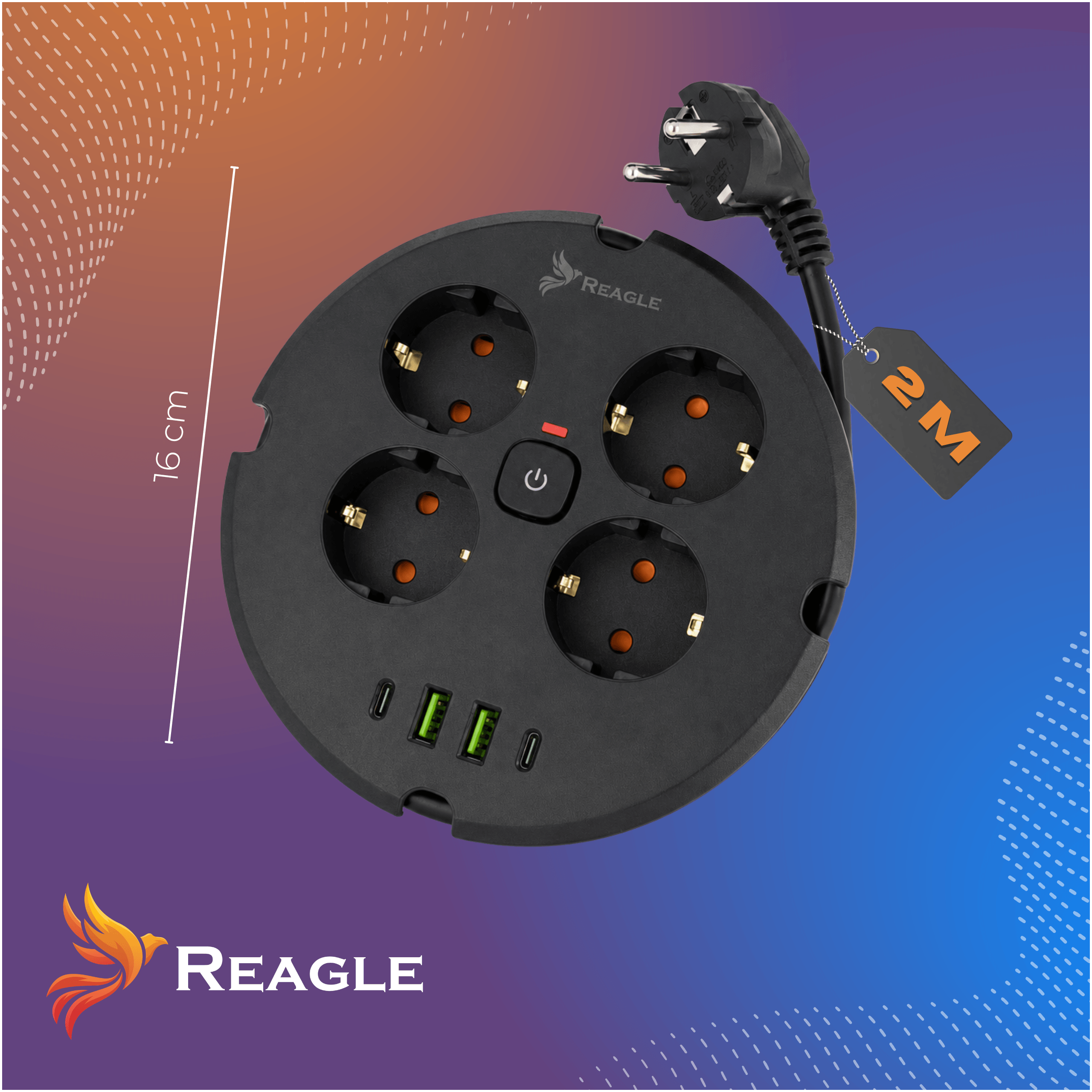 Regleta negra con 4 enchufes, 3 puertos USB y cable de 2m.