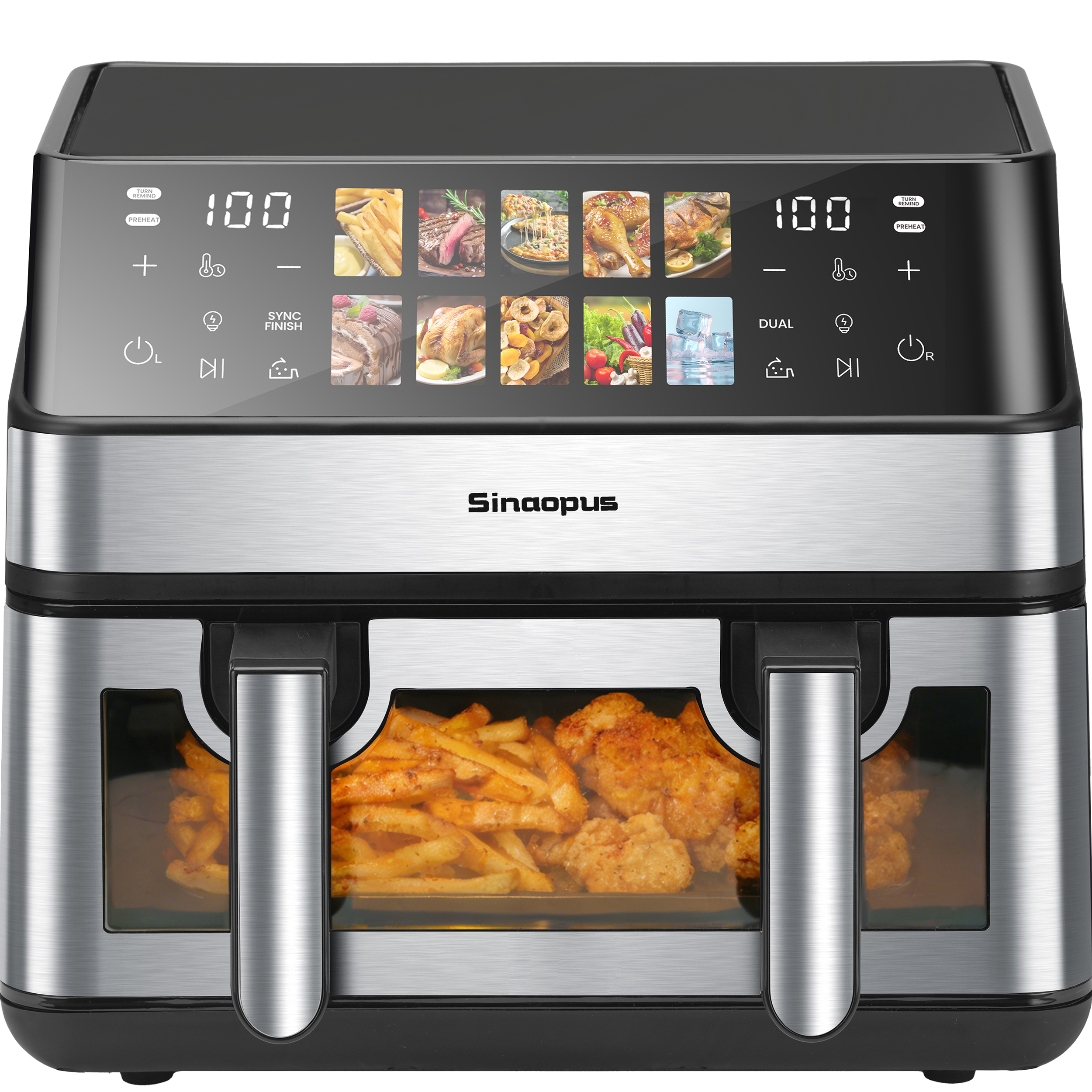 Eine Heißluftfritteuse mit zwei Körben und Digitalanzeige mit Essensbildern und Bedienelementen. Pommes und Hähnchen in Körben.