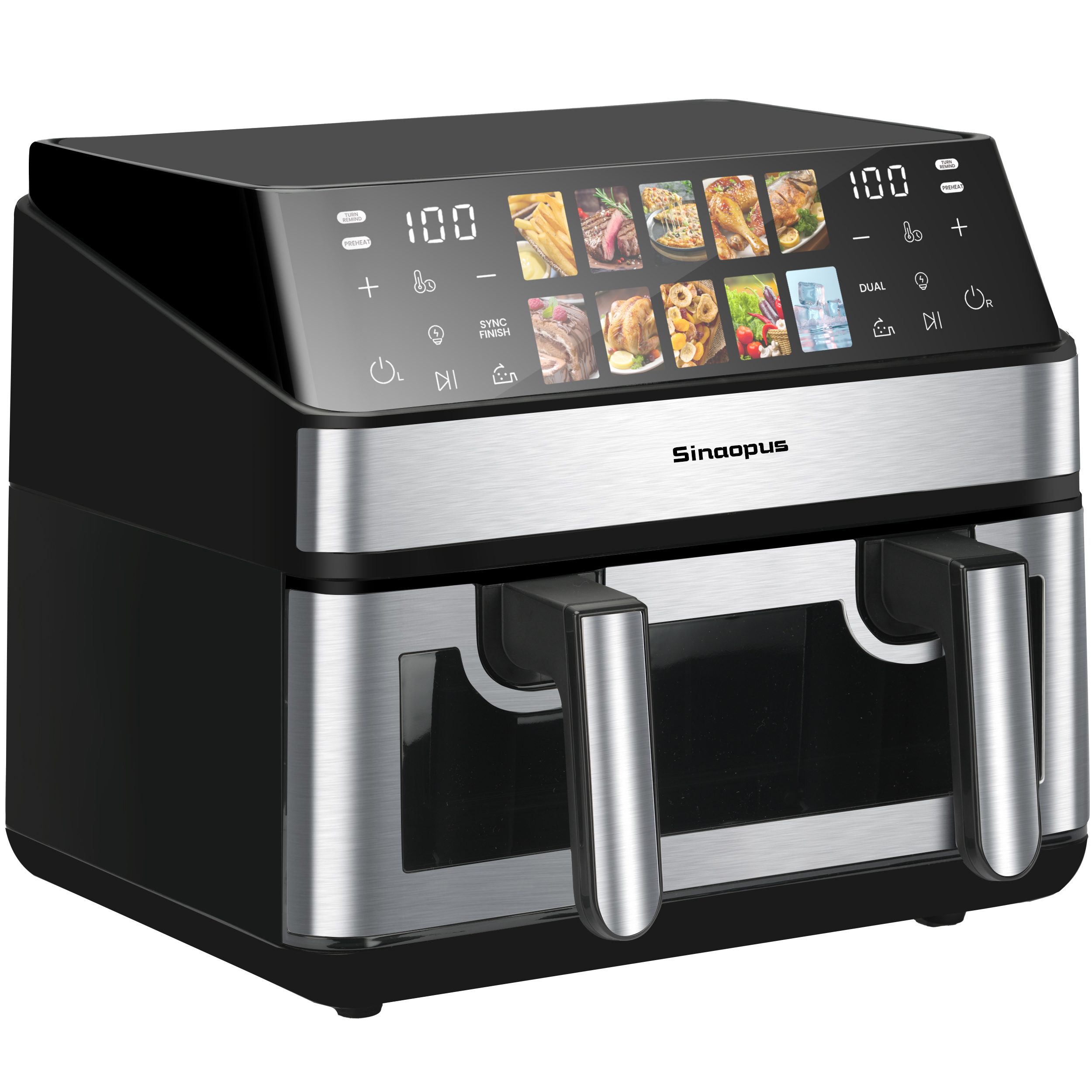 Doppelte Heißluftfritteuse mit silbernen und schwarzen Elementen und Touchscreen-Display.