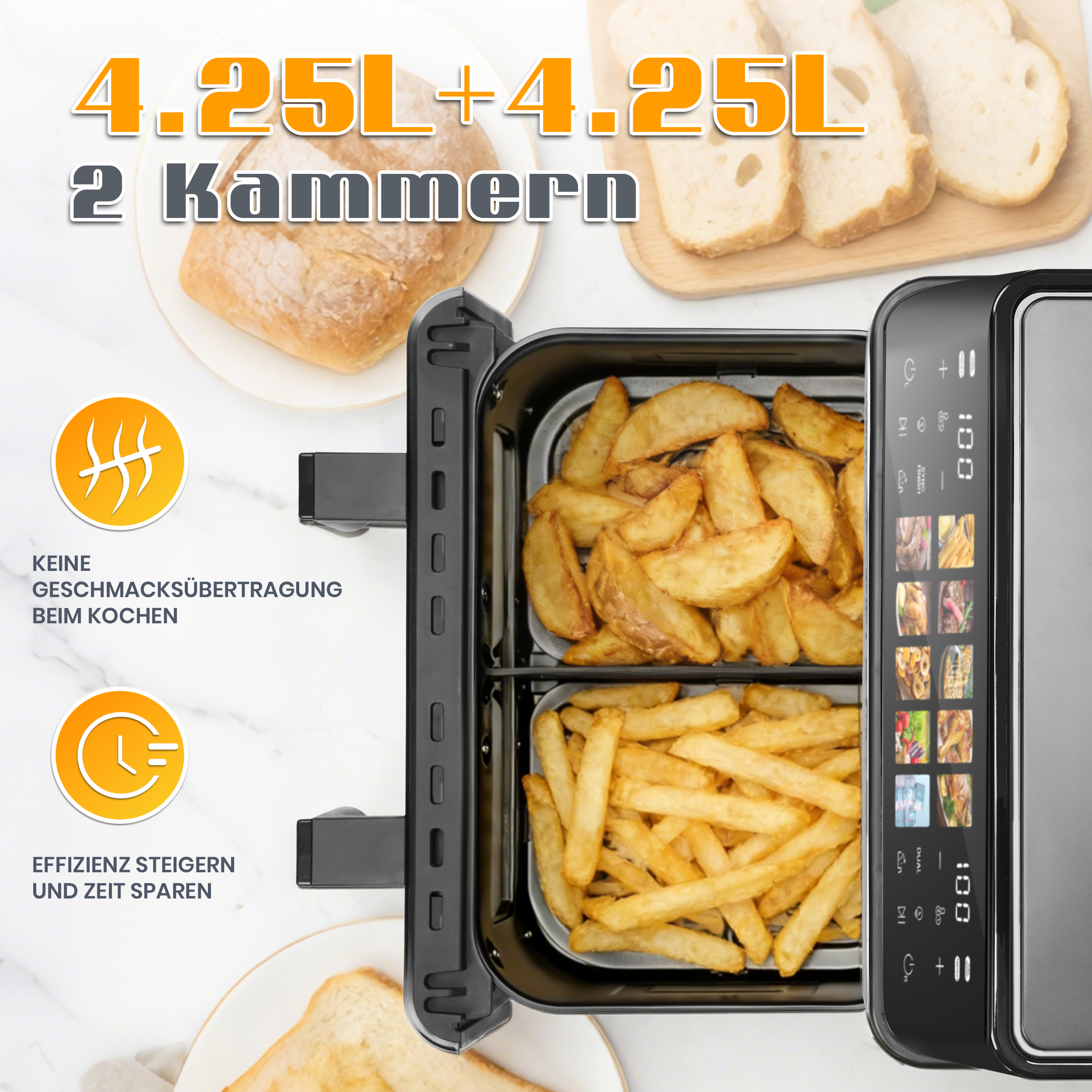 Luftfritteuse mit zwei Kammern, gefüllt mit Pommes und Kartoffelspalten.