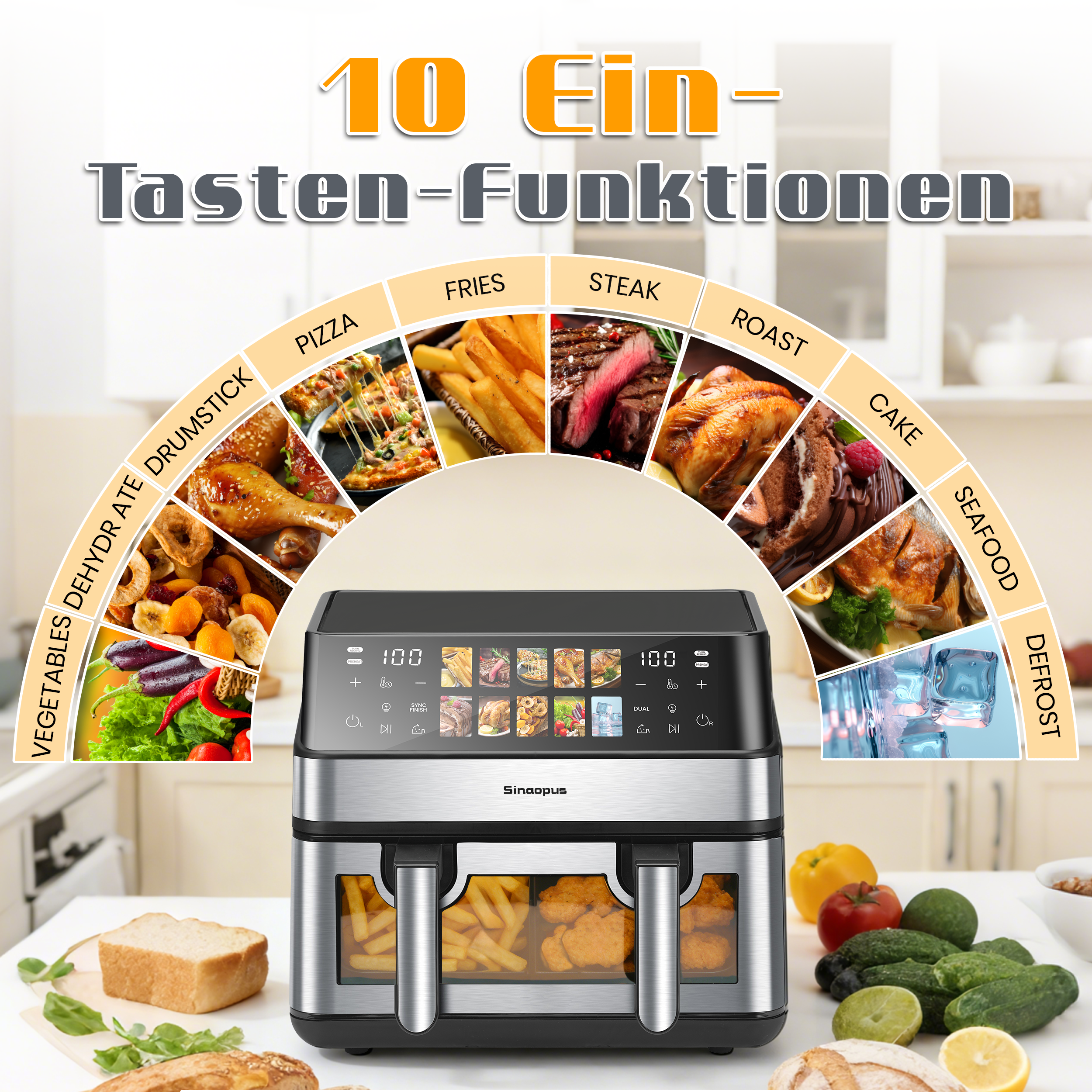 Ein moderner Heißluftfritteusen-Display mit Lebensmittelbildern und 10 Funktionen.