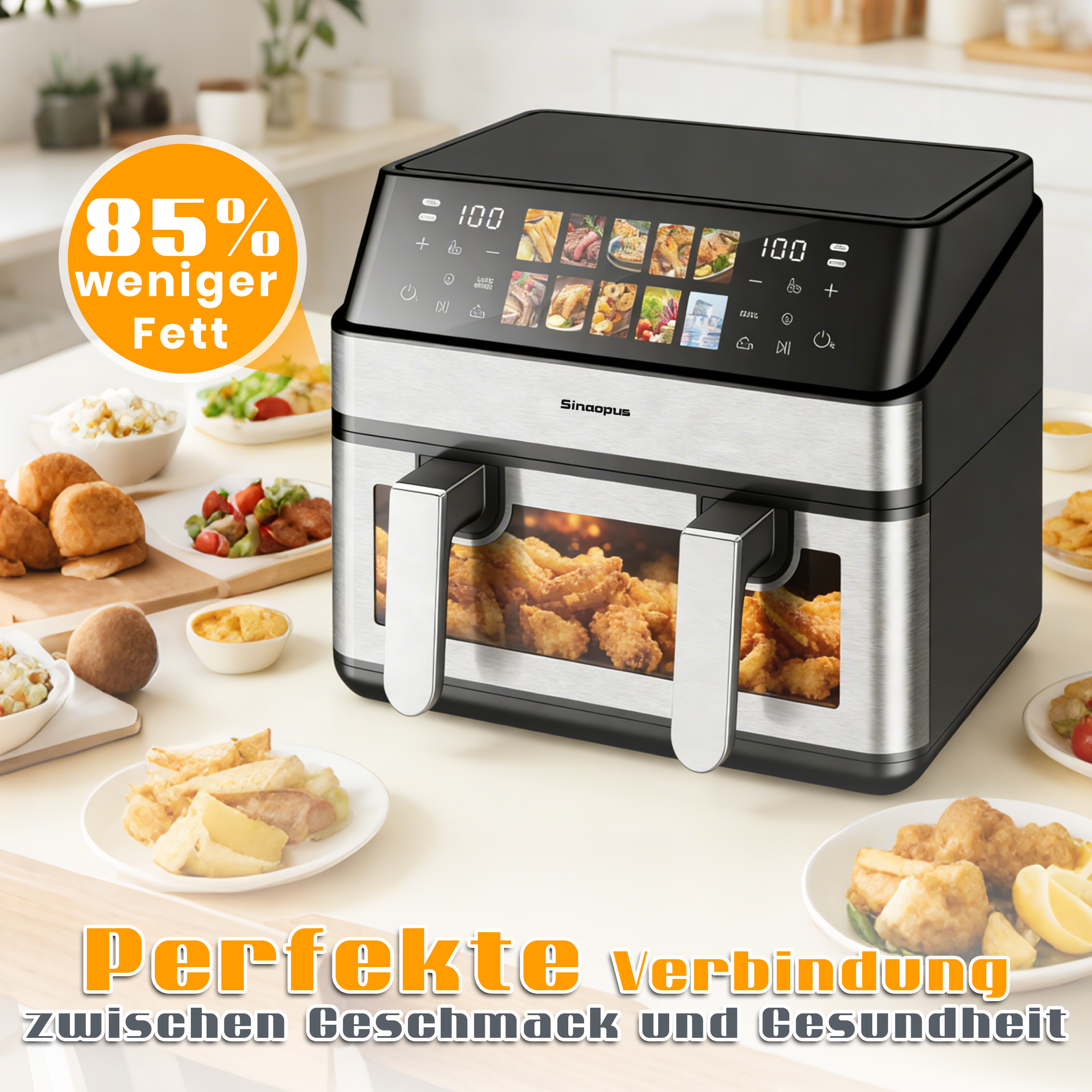 Ein silberner und schwarzer Heißluftfritteuse mit Pommes und Beilagen.