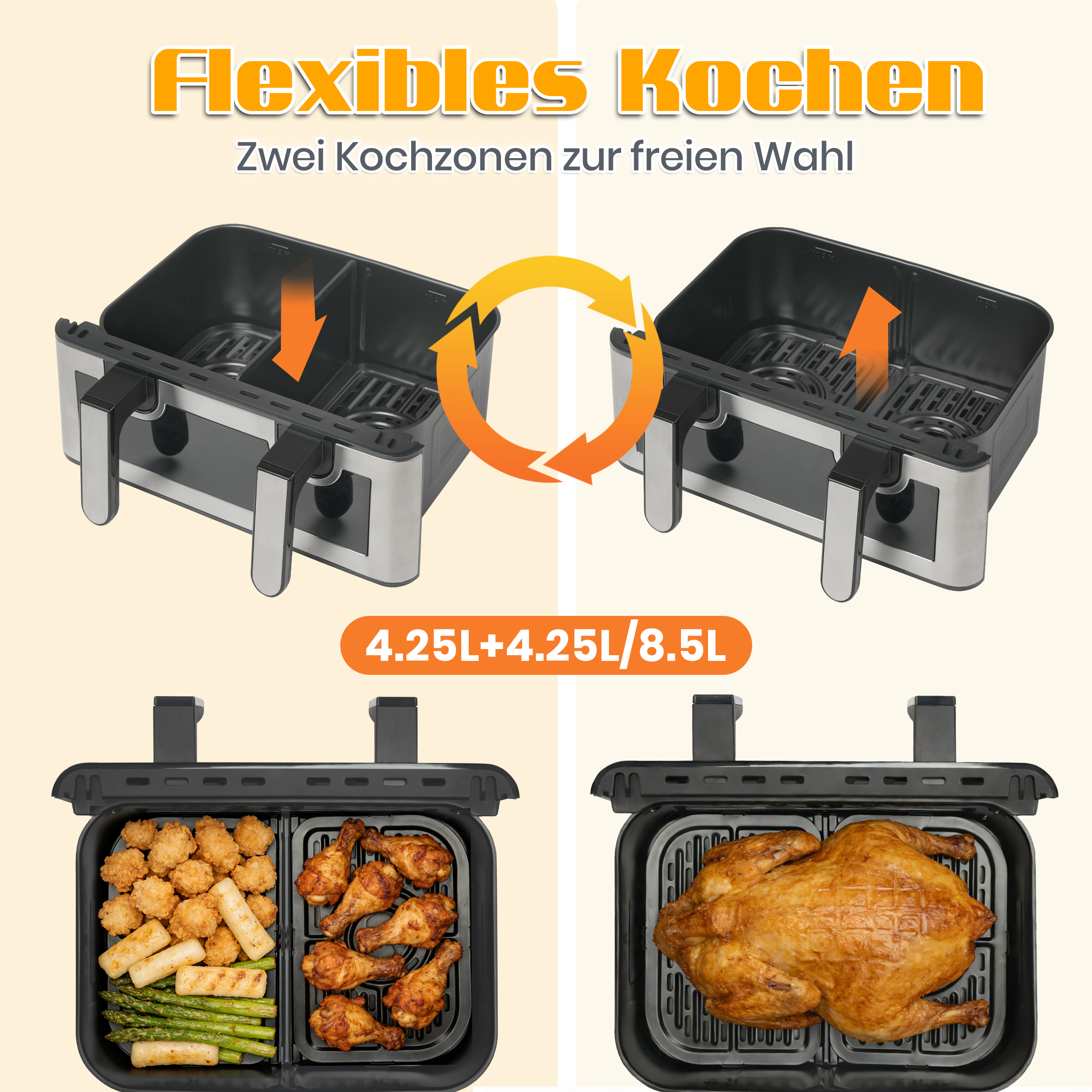 Doppel-Heißluftfritteuse mit zwei Körben, gefüllt mit Hähnchenschenkeln, Frühlingsrollen und Spargel.