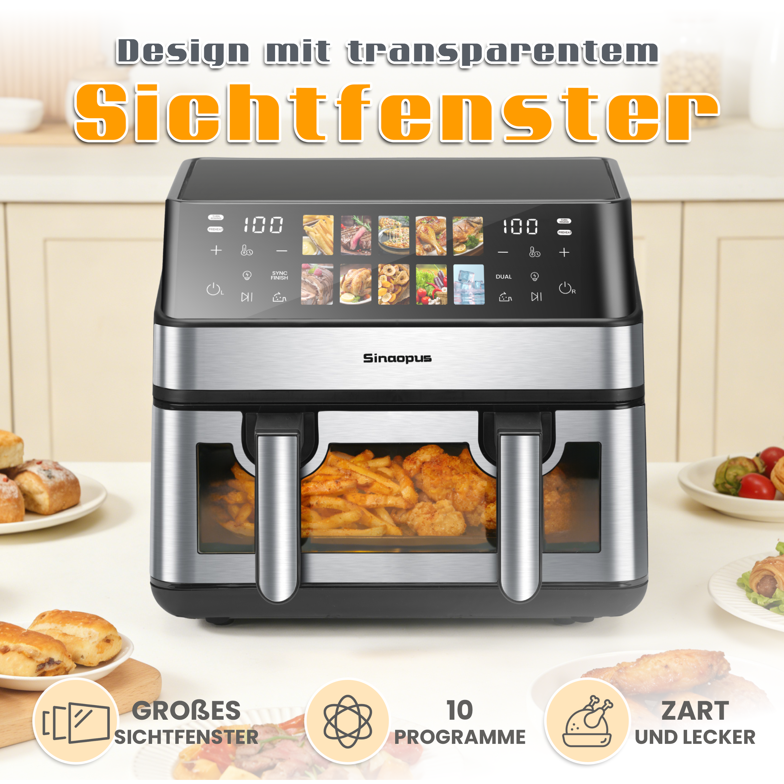 Ein moderner silberner Heißluftfritteuse mit Sichtfenstern, gefüllt mit Pommes und Hähnchen.