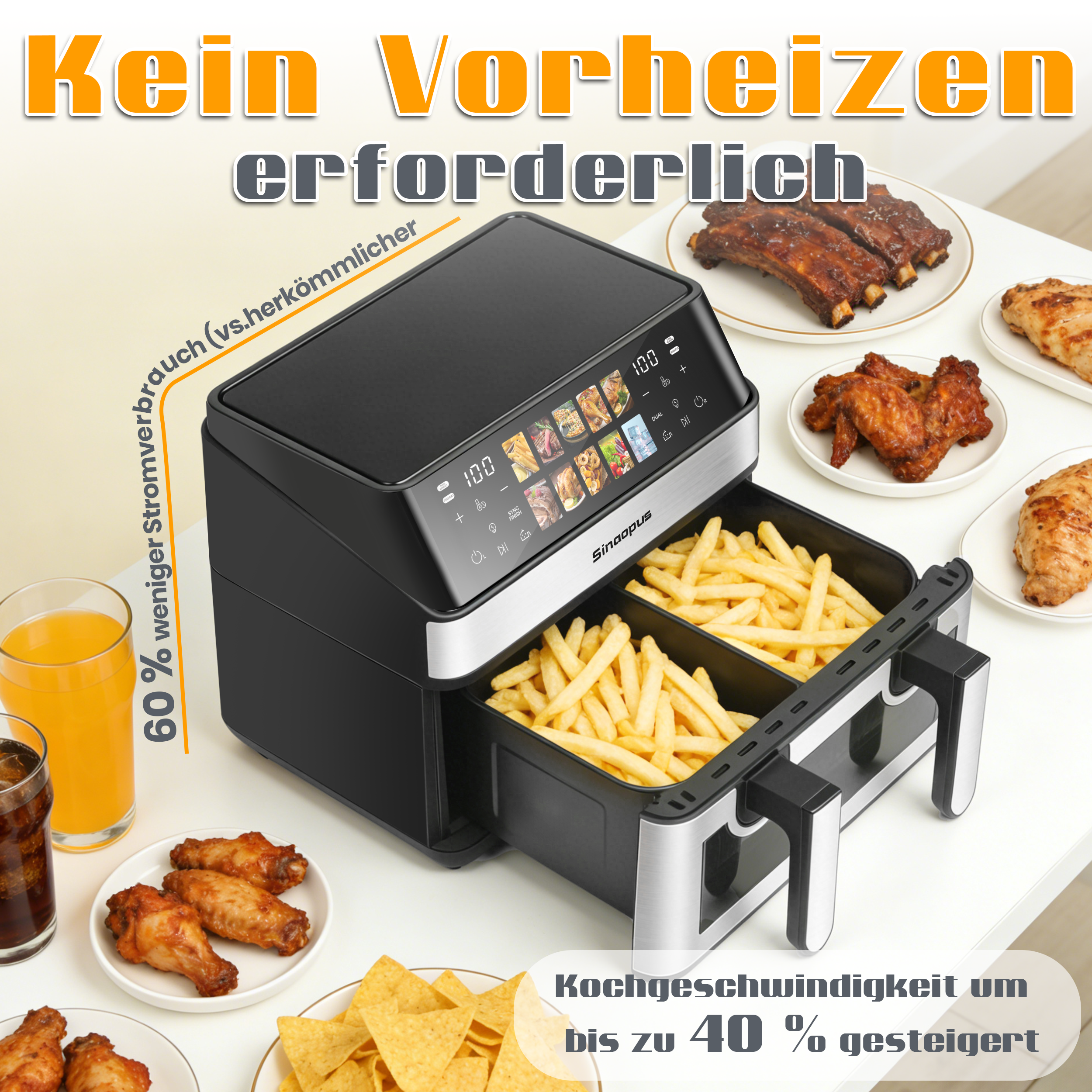 Ein schwarzer Heißluftfritteuse mit zwei Schubladen, gefüllt mit Pommes frites.